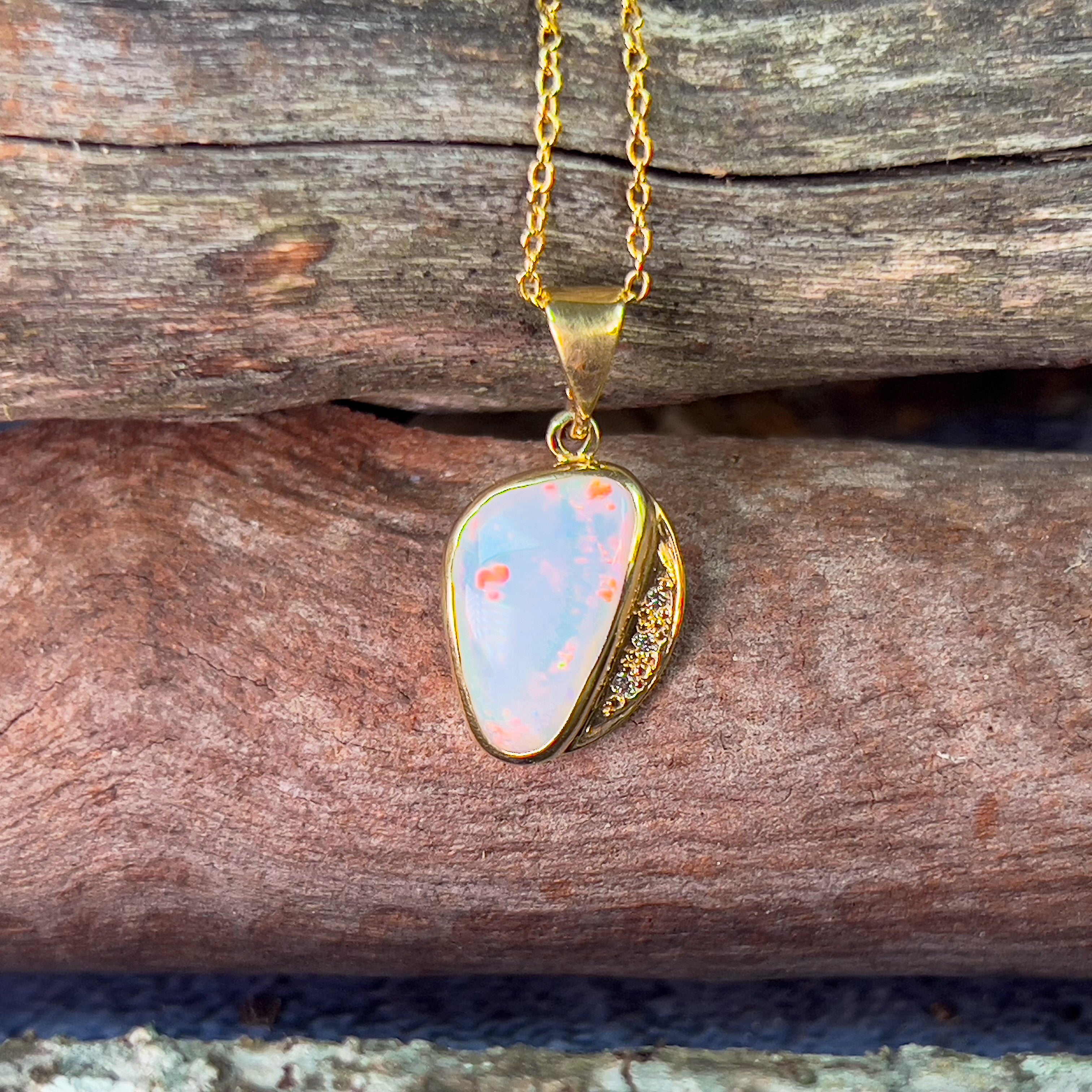 18kt Yellow Gold White Opal red fire and diamond pendant - Masterpiece Jewellery Opal & Gems Sydney Australia | Online Shop