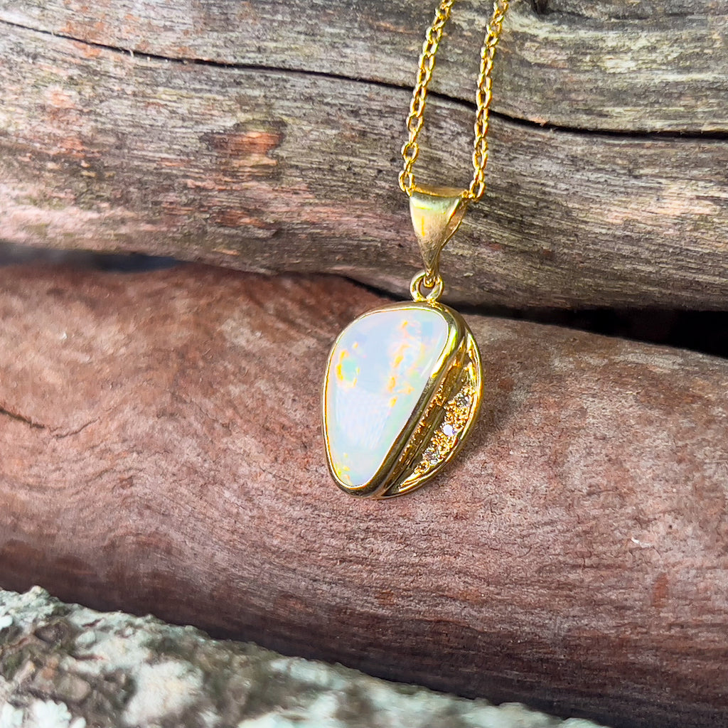 18kt Yellow Gold White Opal red fire and diamond pendant - Masterpiece Jewellery Opal & Gems Sydney Australia | Online Shop