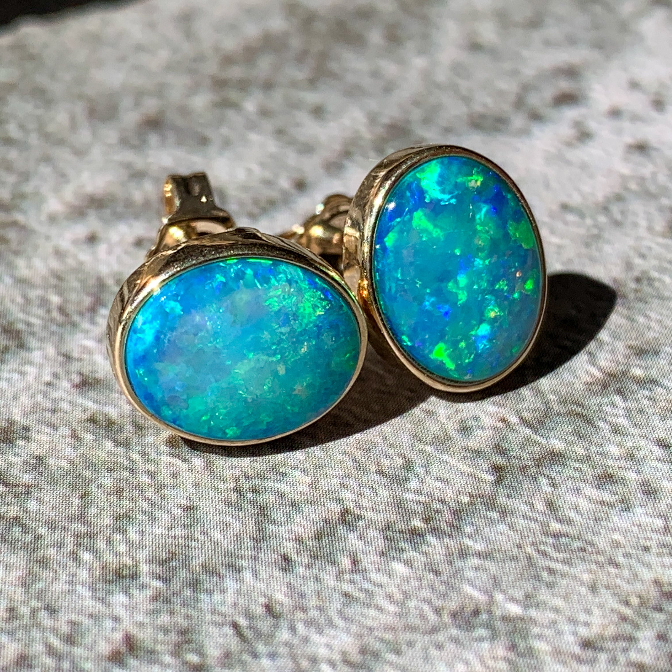 One pair of 9kt Green Blue Light Opal 2.05ct bezel set earrings - Masterpiece Jewellery Opal & Gems Sydney Australia | Online Shop