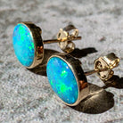 One pair of 9kt Green Blue Light Opal 2.05ct bezel set earrings - Masterpiece Jewellery Opal & Gems Sydney Australia | Online Shop