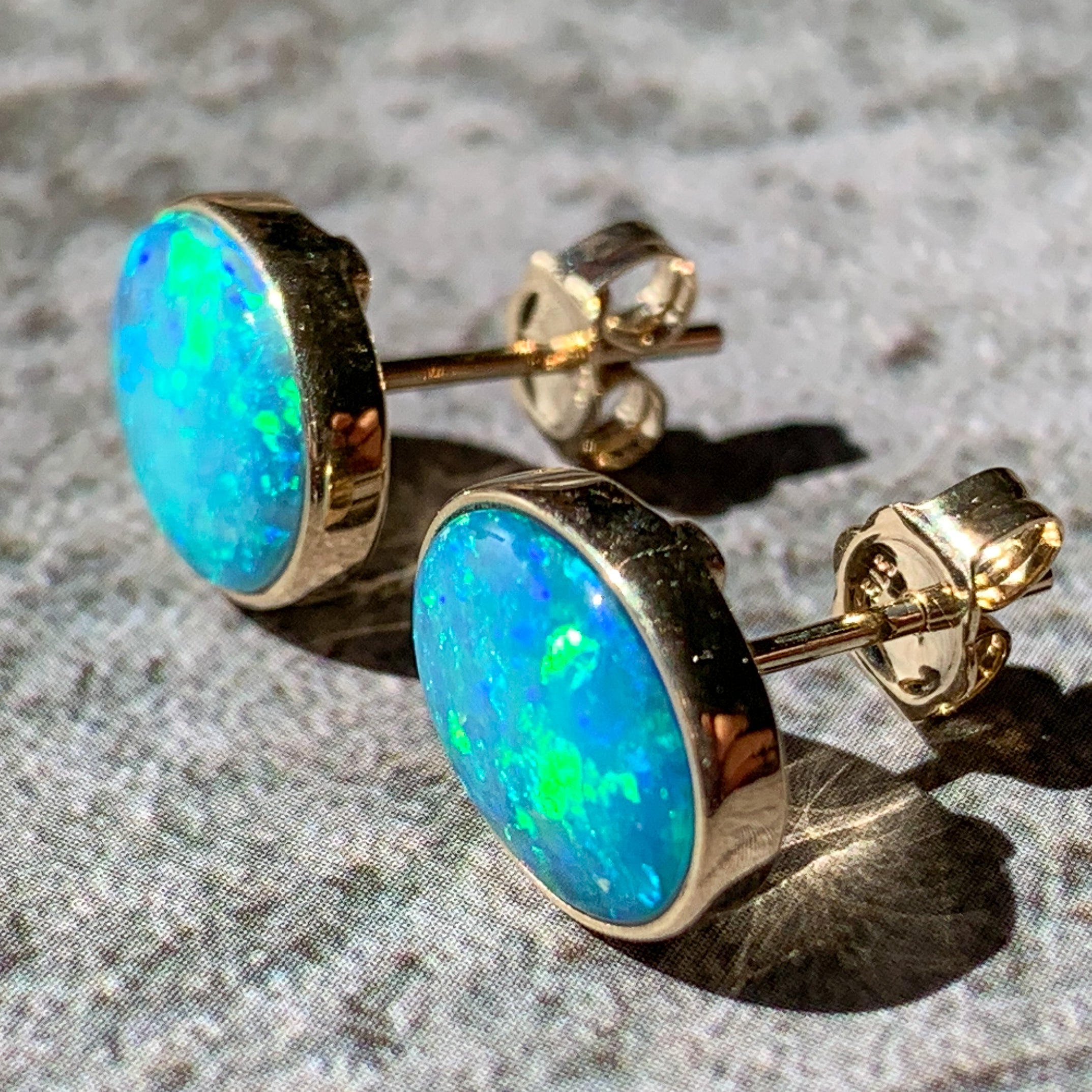 One pair of 9kt Green Blue Light Opal 2.05ct bezel set earrings - Masterpiece Jewellery Opal & Gems Sydney Australia | Online Shop