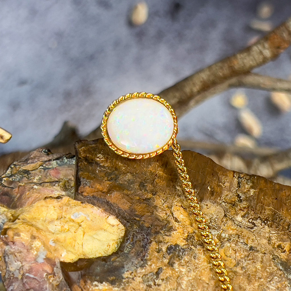 18kt Tie pin 12x10mm White Opal bezel - Masterpiece Jewellery Opal & Gems Sydney Australia | Online Shop