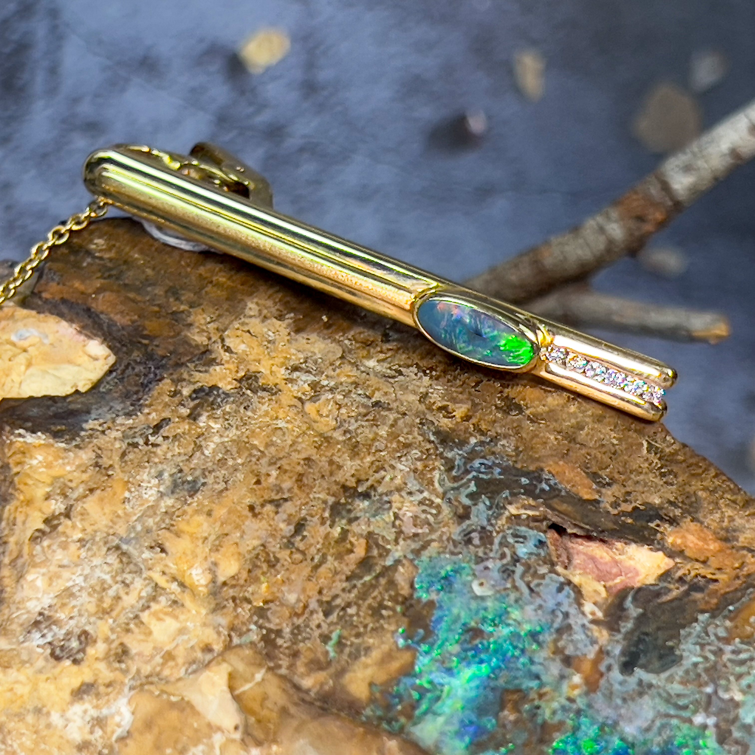 18kt Black Opal and Diamond tie bar - Masterpiece Jewellery Opal & Gems Sydney Australia | Online Shop