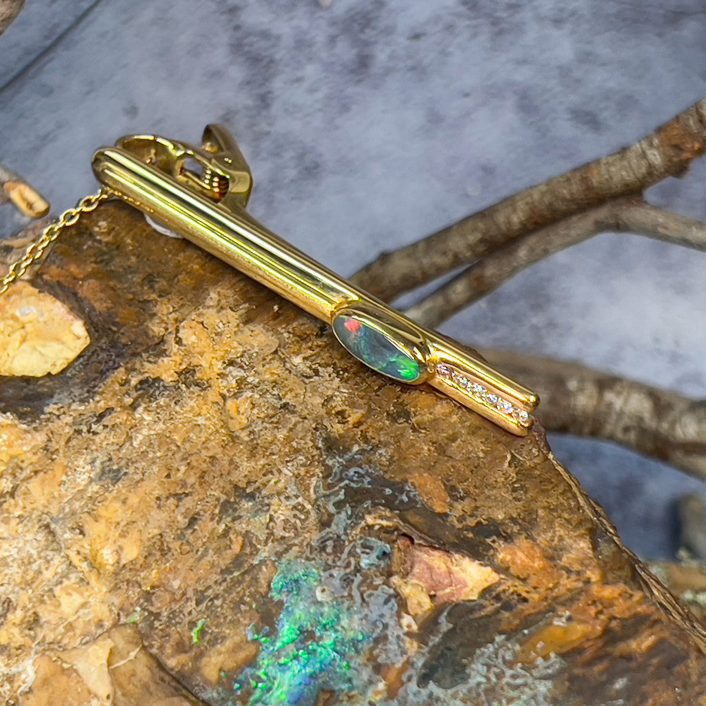 18kt Black Opal and Diamond tie bar - Masterpiece Jewellery Opal & Gems Sydney Australia | Online Shop