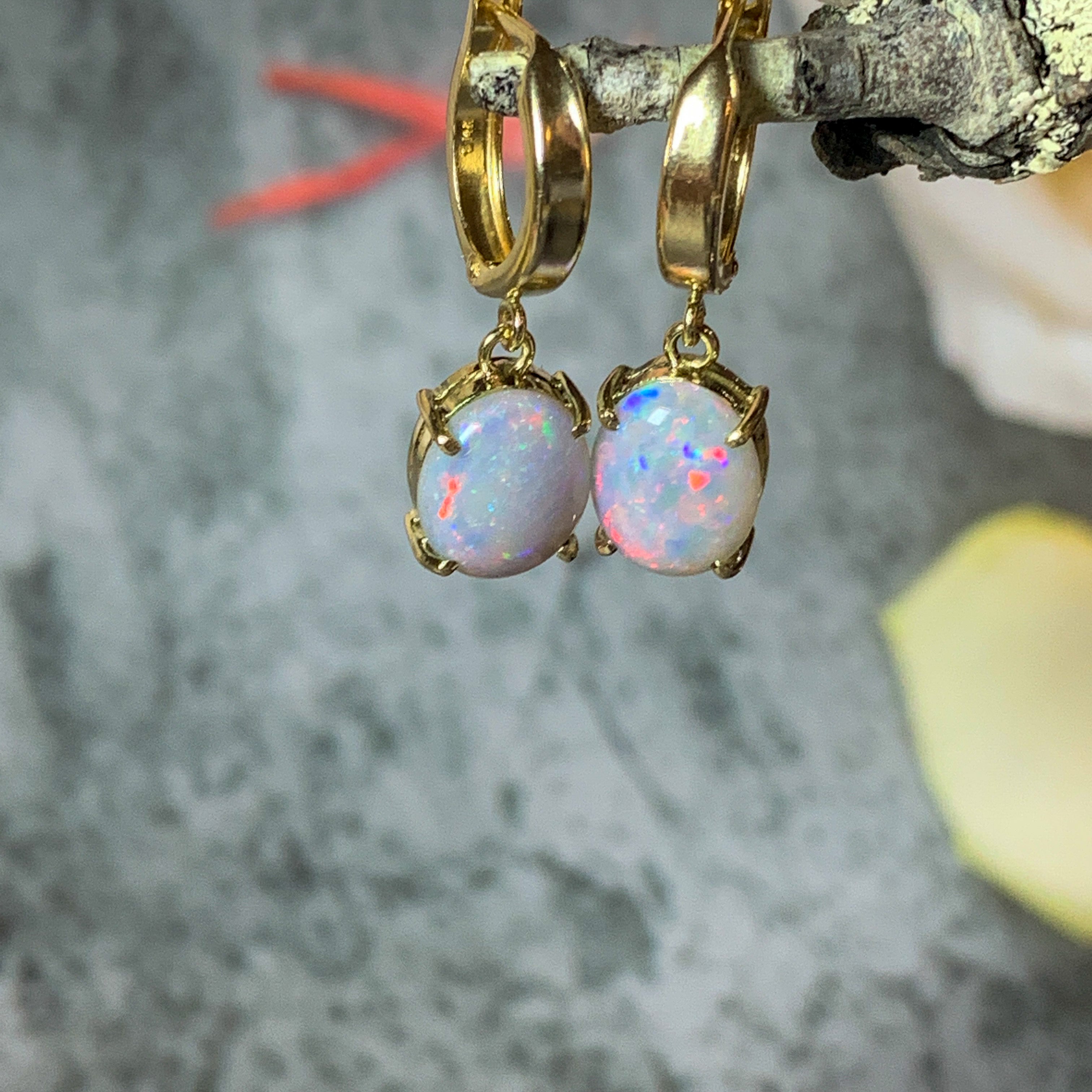 14kt Yellow Gold drop Huggie earrings with Red Dark Opal 2.8ct - Masterpiece Jewellery Opal & Gems Sydney Australia | Online Shop
