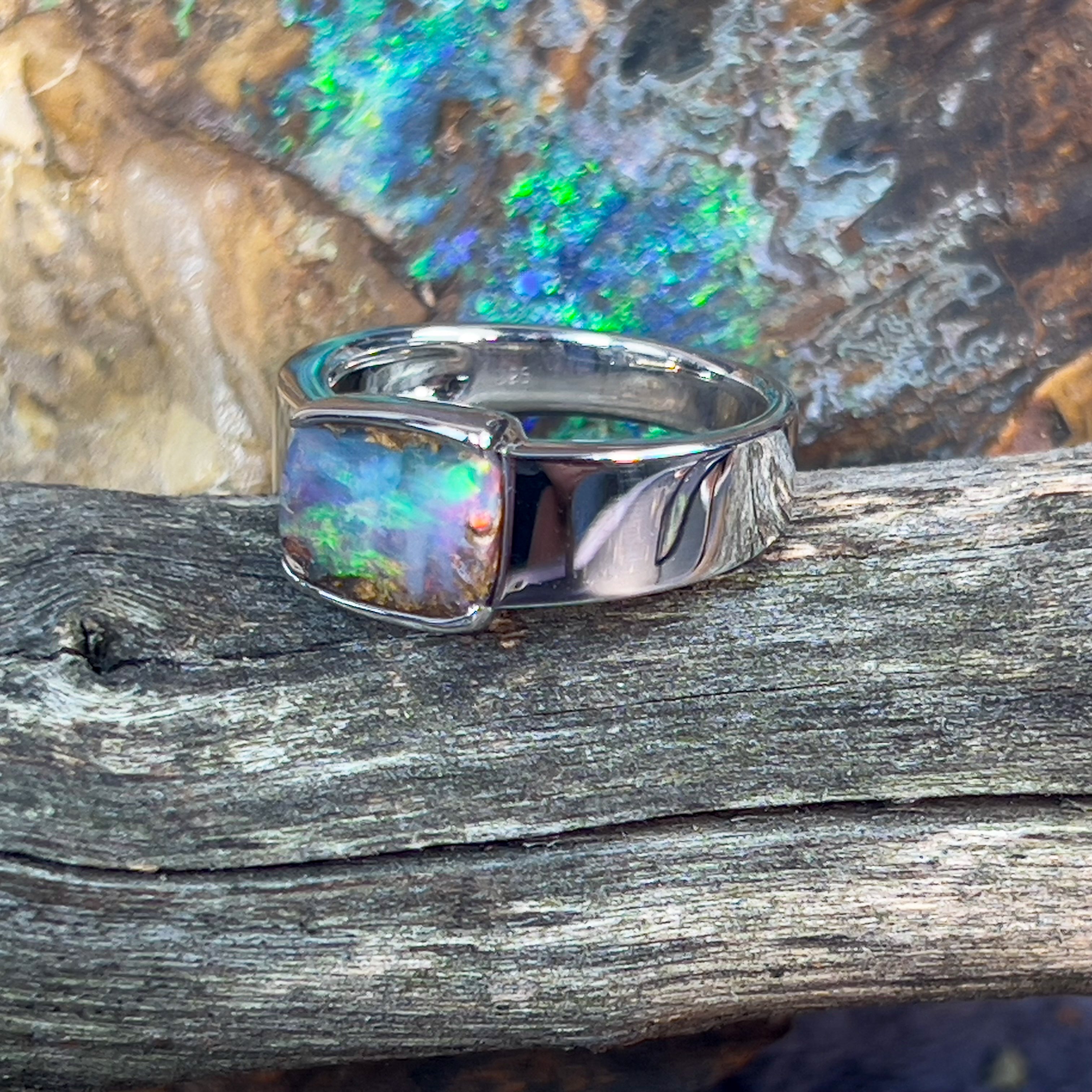 Sterling SIlver Rectangular Boulder Opal ring - Masterpiece Jewellery Opal & Gems Sydney Australia | Online Shop