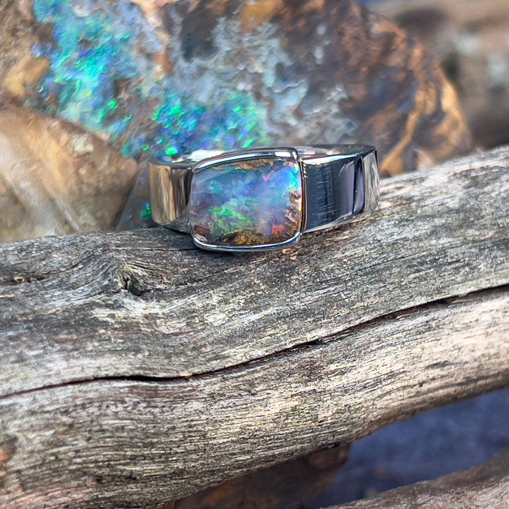 Sterling SIlver Rectangular Boulder Opal ring - Masterpiece Jewellery Opal & Gems Sydney Australia | Online Shop