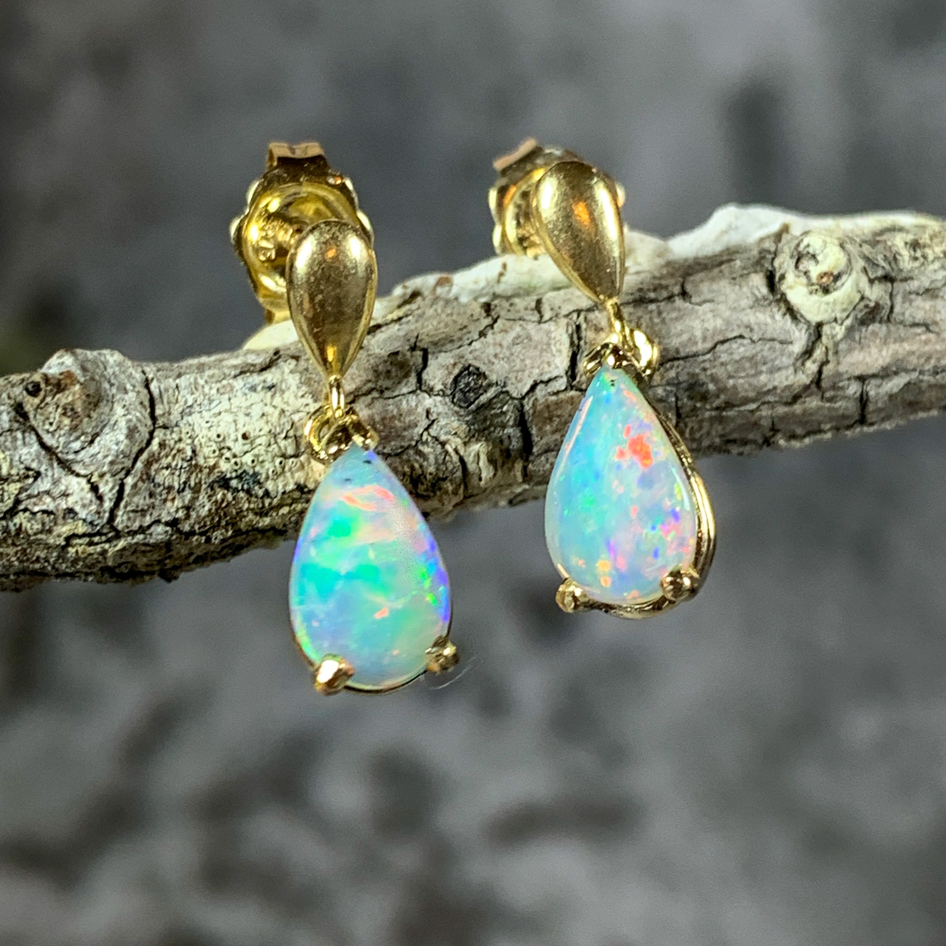 14kt Yellow Gold dangling pear shape 8x5mm Crystal Opal earrings - Masterpiece Jewellery Opal & Gems Sydney Australia | Online Shop