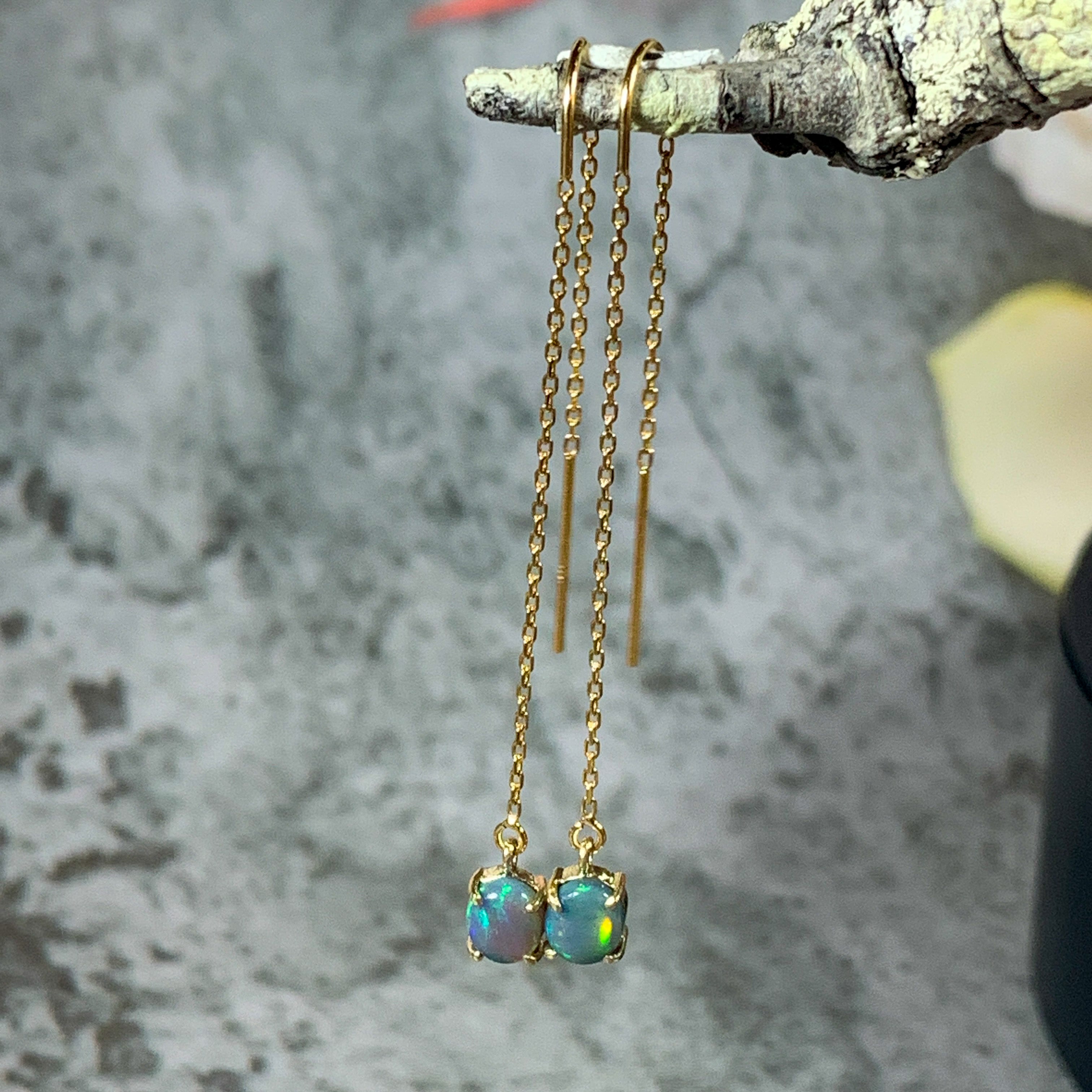 14kt Yellow Gold chain dangling earring with Black Opals 0.9ct - Masterpiece Jewellery Opal & Gems Sydney Australia | Online Shop