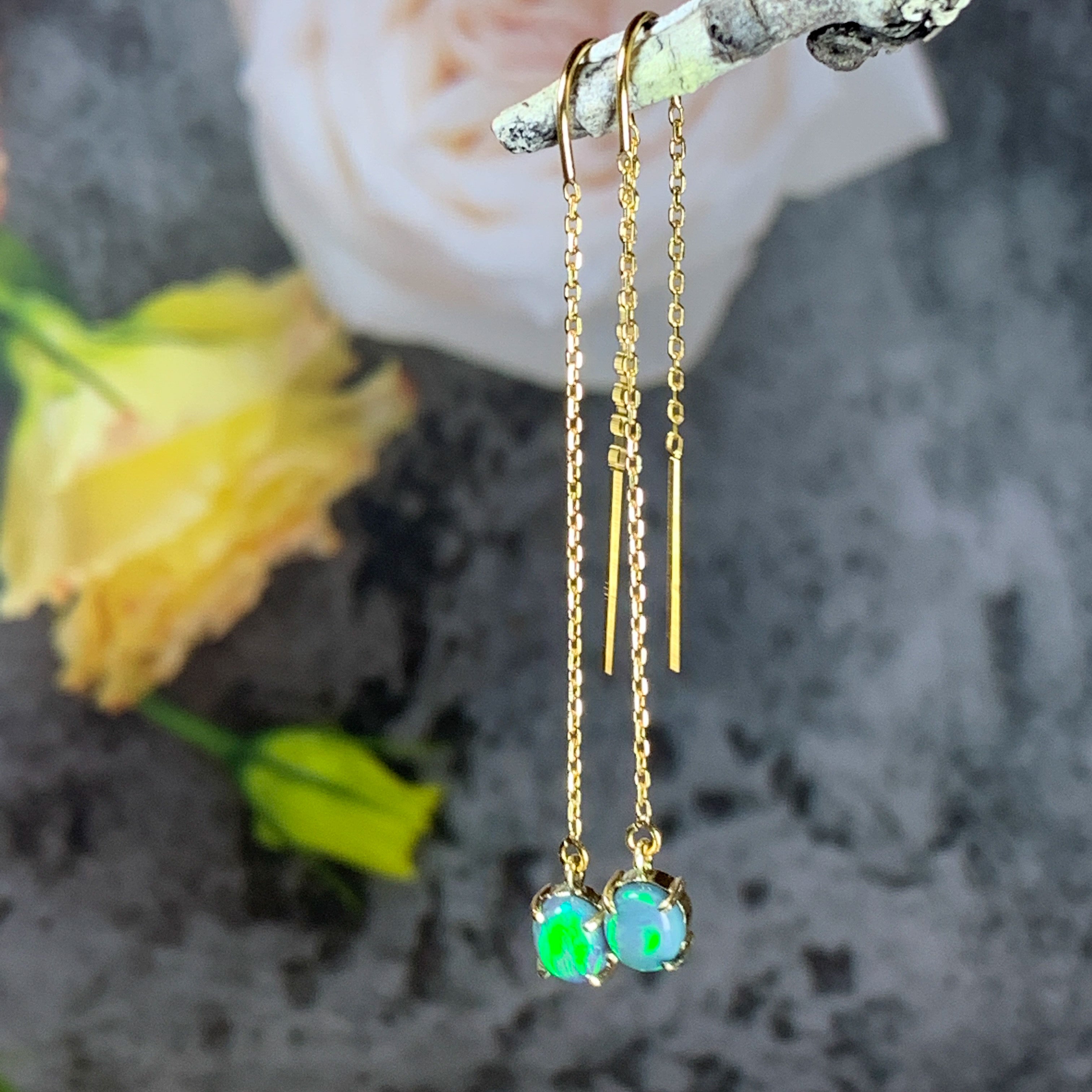 14kt Yellow Gold chain dangling earring with Black Opals 0.9ct - Masterpiece Jewellery Opal & Gems Sydney Australia | Online Shop