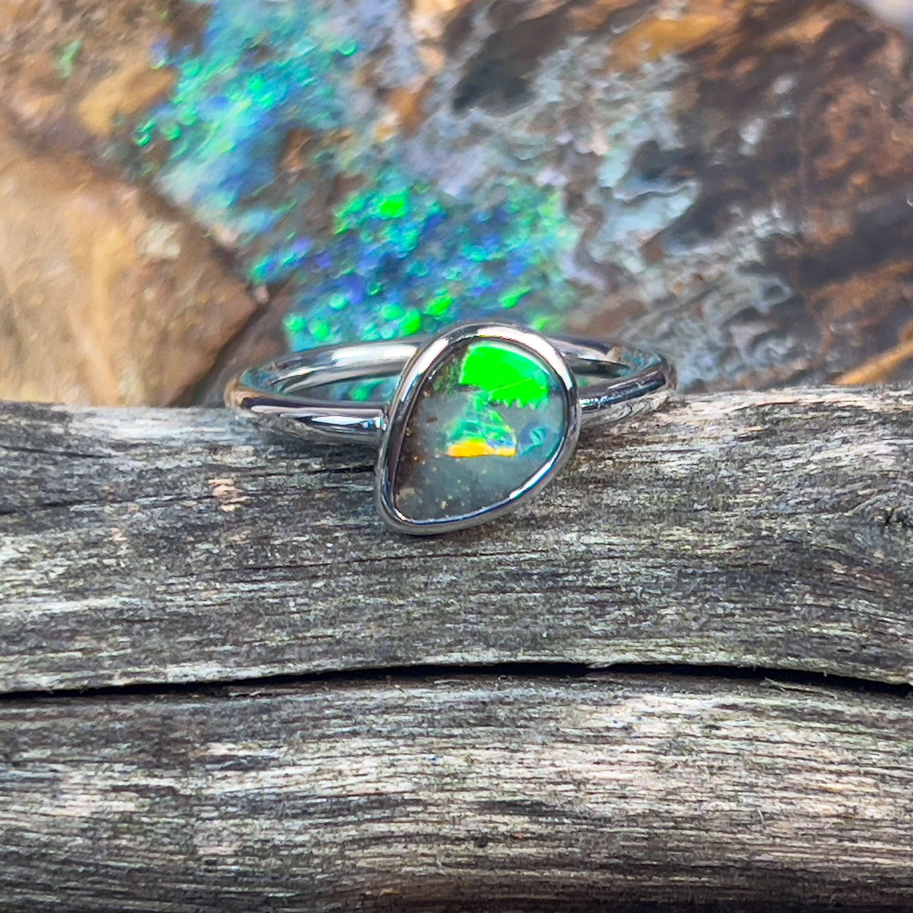 Sterling Silver Boulder Opal pear shape slanted ring - Masterpiece Jewellery Opal & Gems Sydney Australia | Online Shop