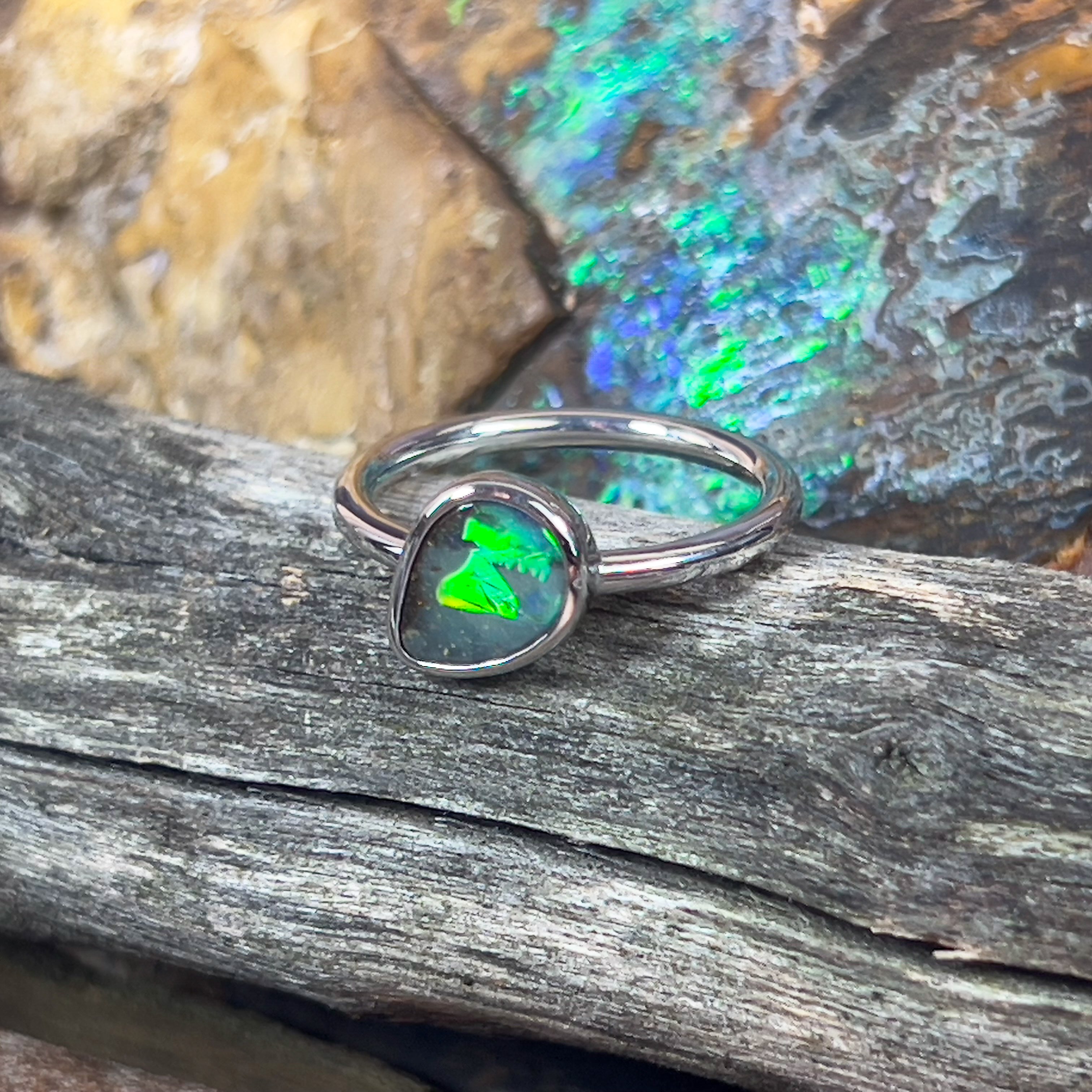 Sterling Silver Boulder Opal pear shape slanted ring - Masterpiece Jewellery Opal & Gems Sydney Australia | Online Shop