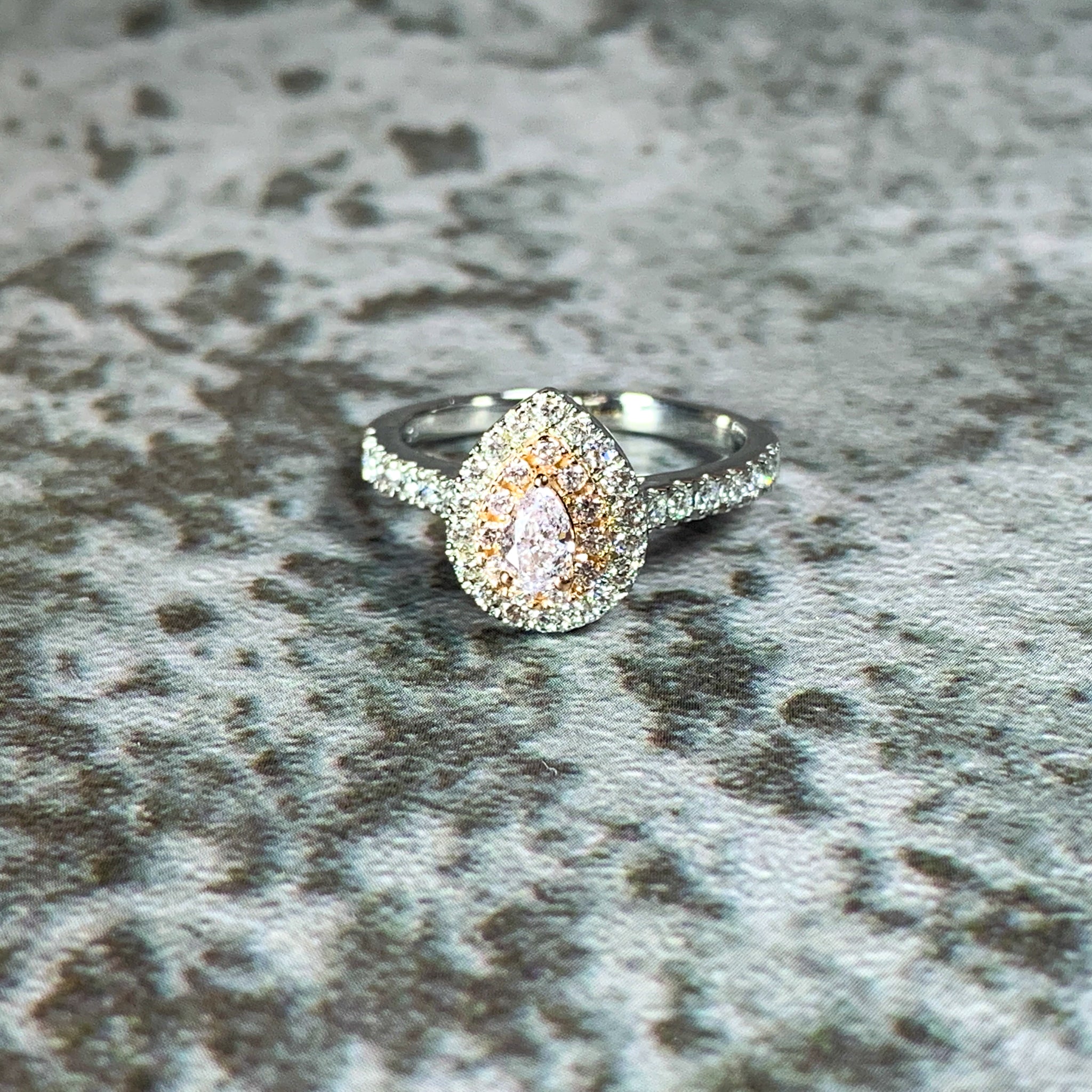 Platinum and Rose Gold Pink Diamond Pear shape and White Diamond halo ring - Masterpiece Jewellery Opal & Gems Sydney Australia | Online Shop