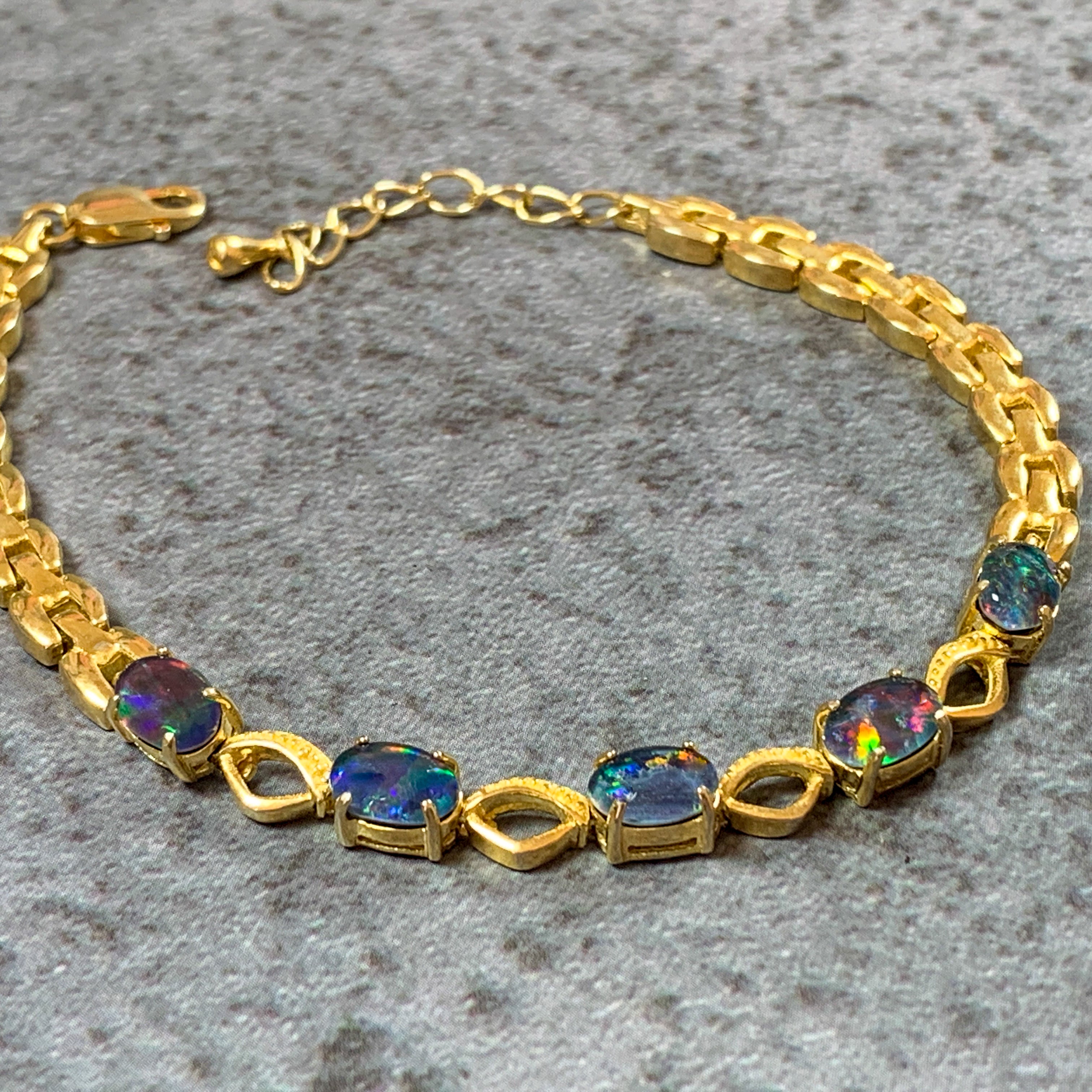 Gold plated sterling Silver 7x5mm Opal triplet bracelet patterned - Masterpiece Jewellery Opal & Gems Sydney Australia | Online Shop