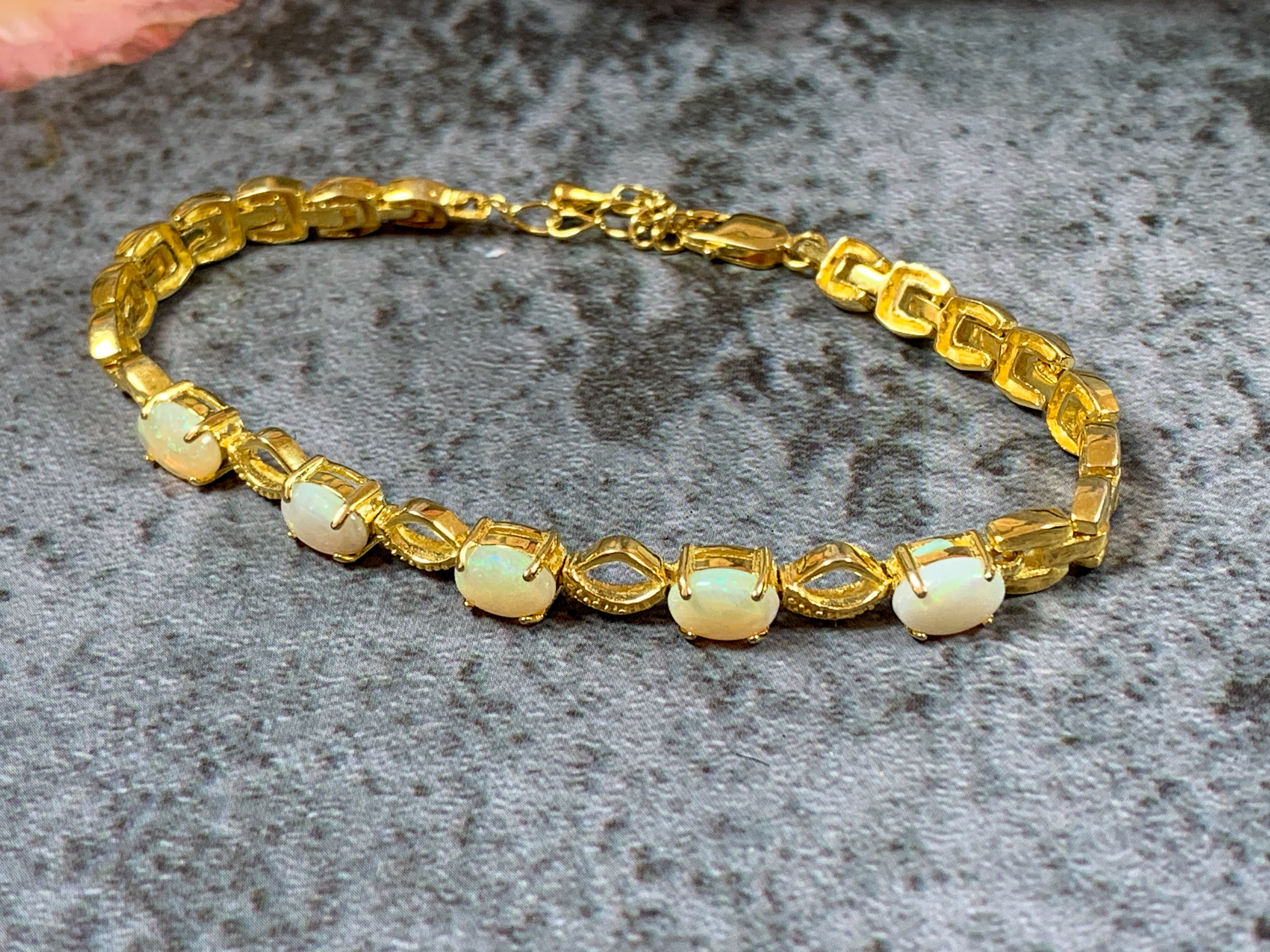 Gold Plated Sterling Silver patterned bracelet with 7x5mm White Opals - Masterpiece Jewellery Opal & Gems Sydney Australia | Online Shop