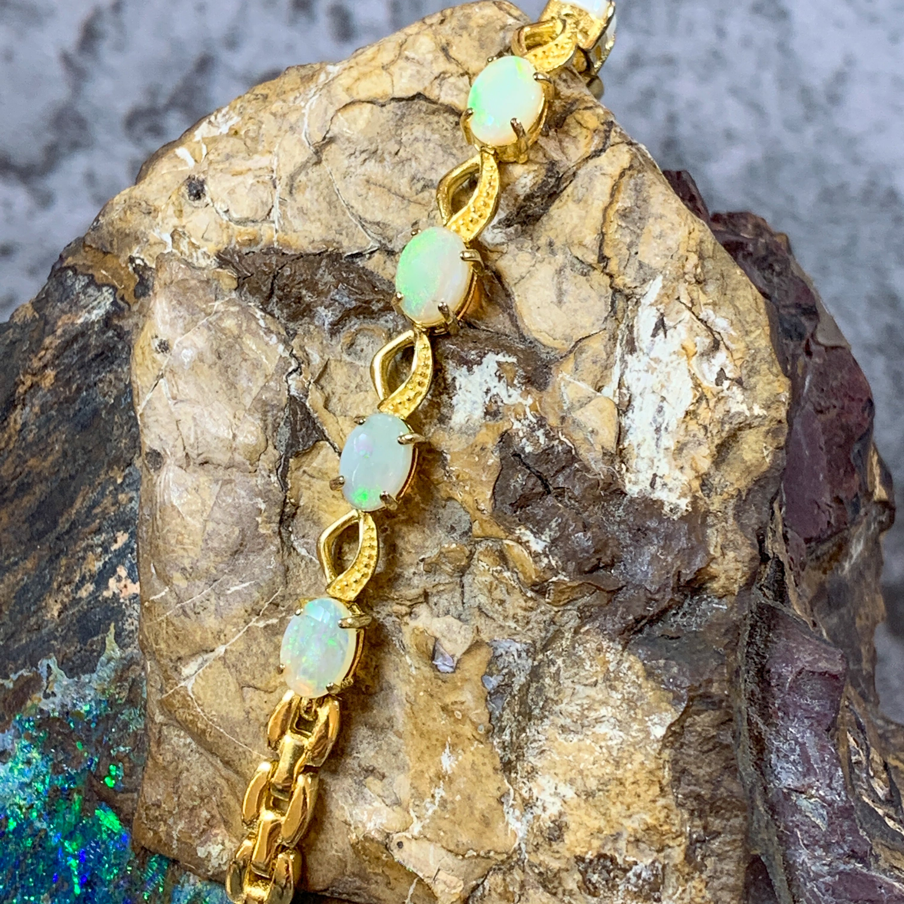 Gold Plated Sterling Silver patterned bracelet with 7x5mm White Opals - Masterpiece Jewellery Opal & Gems Sydney Australia | Online Shop