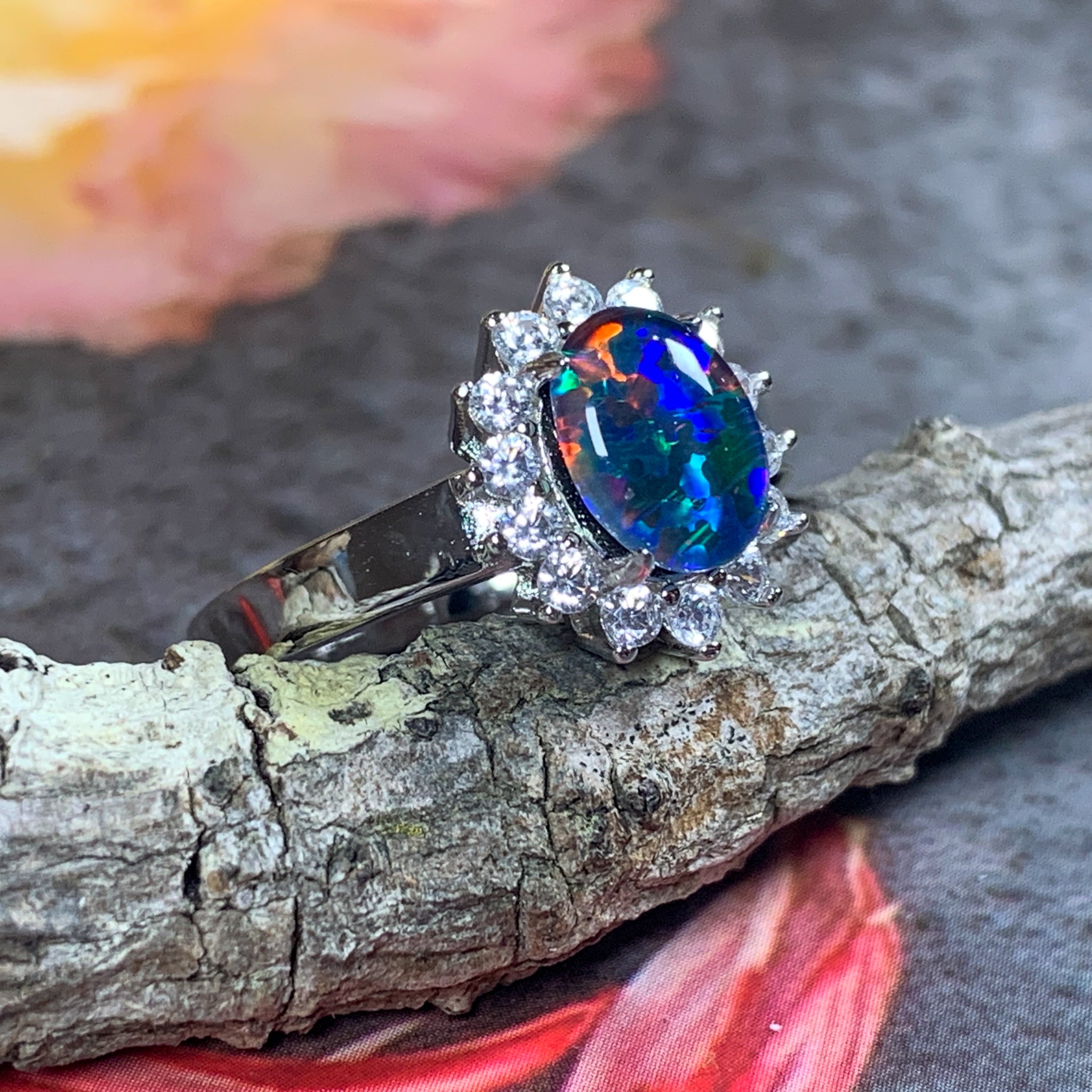 Sterling Silver 8x6mm Opal triplet cluster ring - Masterpiece Jewellery Opal & Gems Sydney Australia | Online Shop