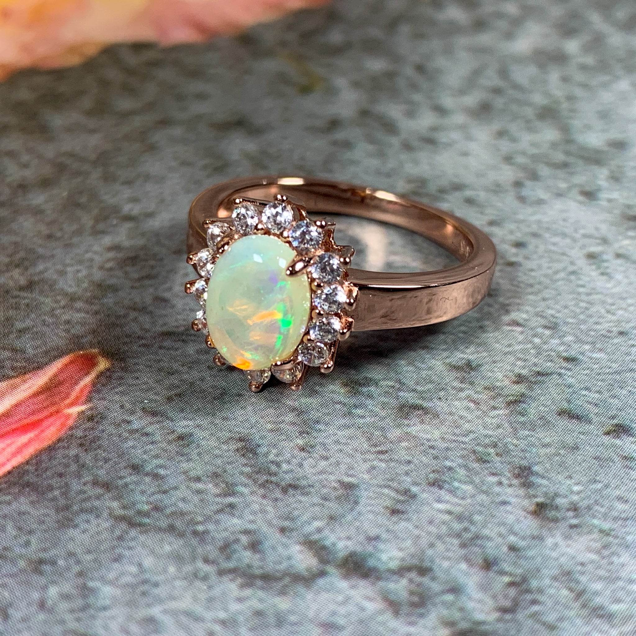 Rose Gold plated sterling silver White Opal 8x6mm cluster ring - Masterpiece Jewellery Opal & Gems Sydney Australia | Online Shop