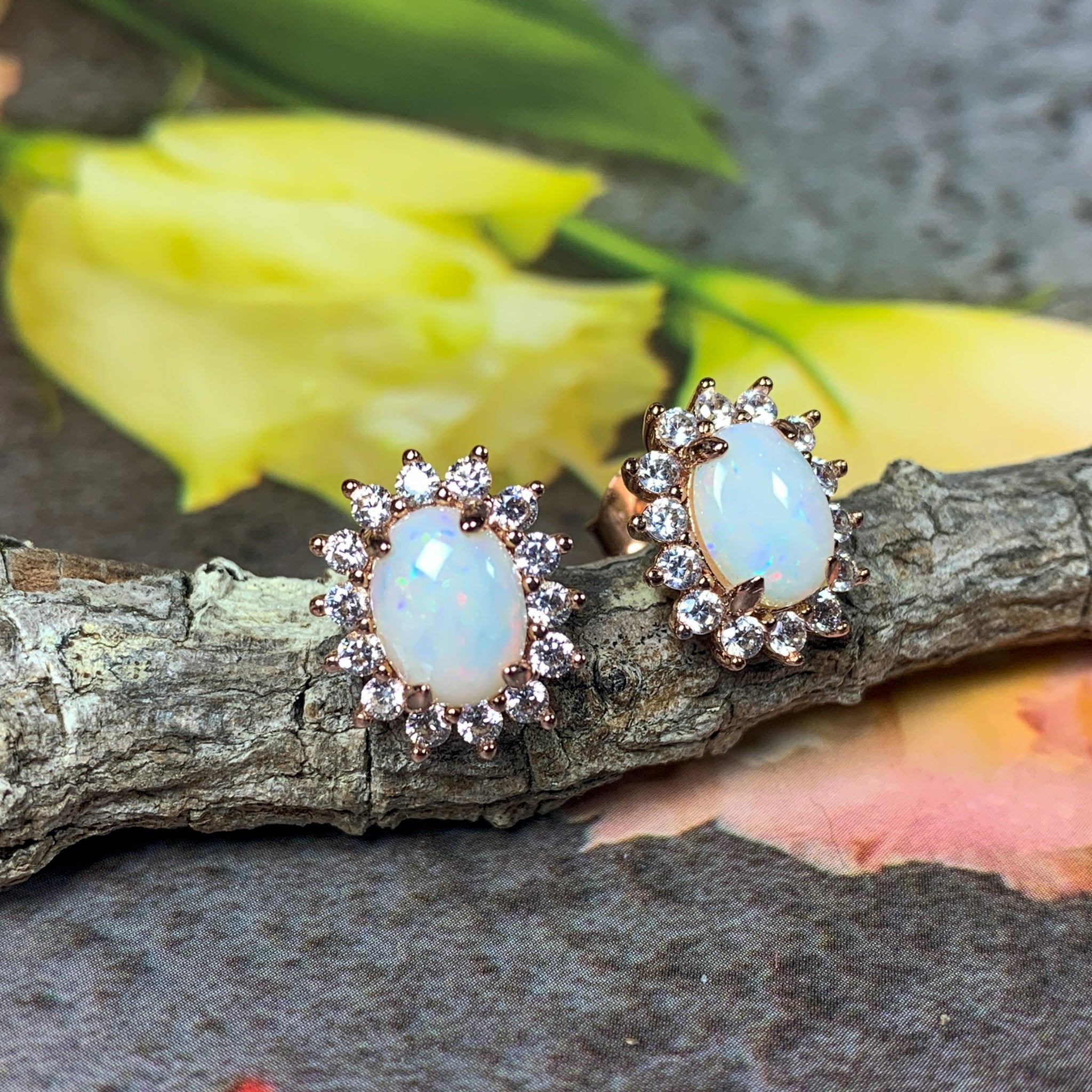 Rose Gold plated White Opal cluster earrings 8x6mm - Masterpiece Jewellery Opal & Gems Sydney Australia | Online Shop