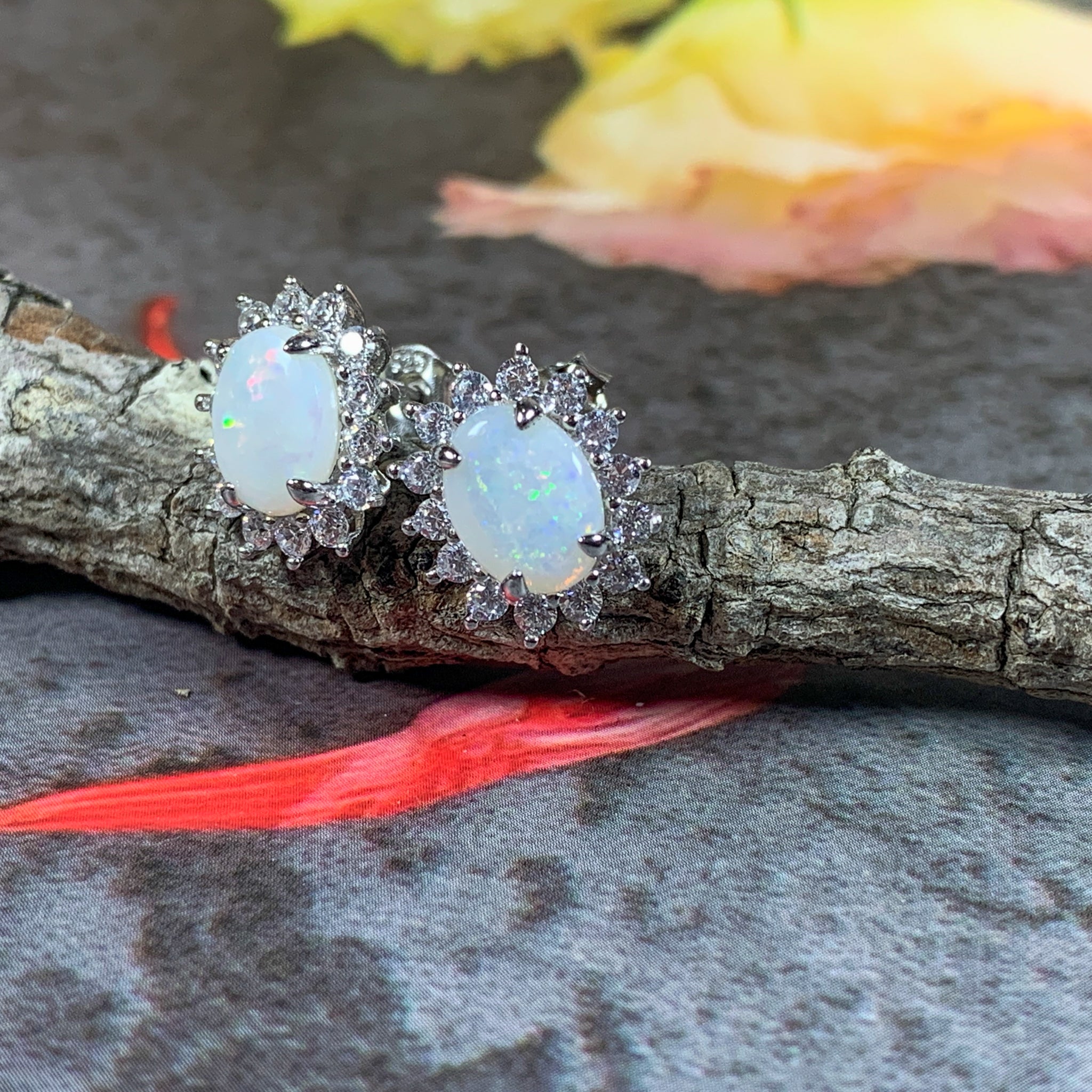 Sterling Silver 8x6mm White Opal cluster earring studs - Masterpiece Jewellery Opal & Gems Sydney Australia | Online Shop