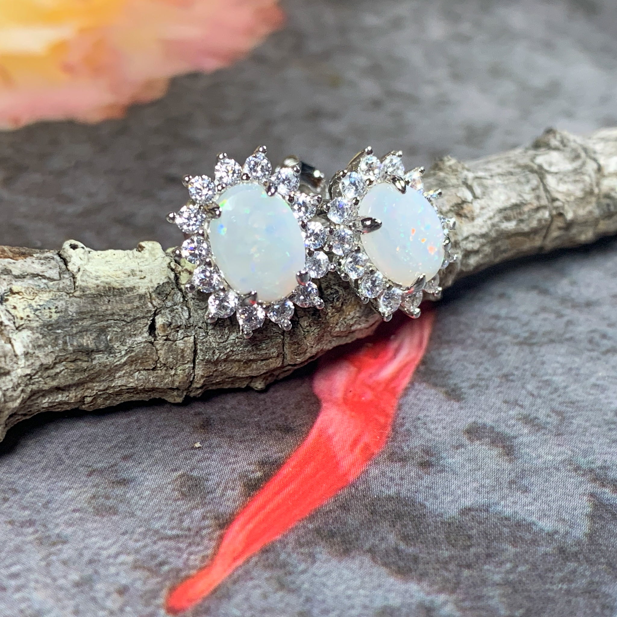 Sterling Silver 8x6mm White Opal cluster earring studs - Masterpiece Jewellery Opal & Gems Sydney Australia | Online Shop