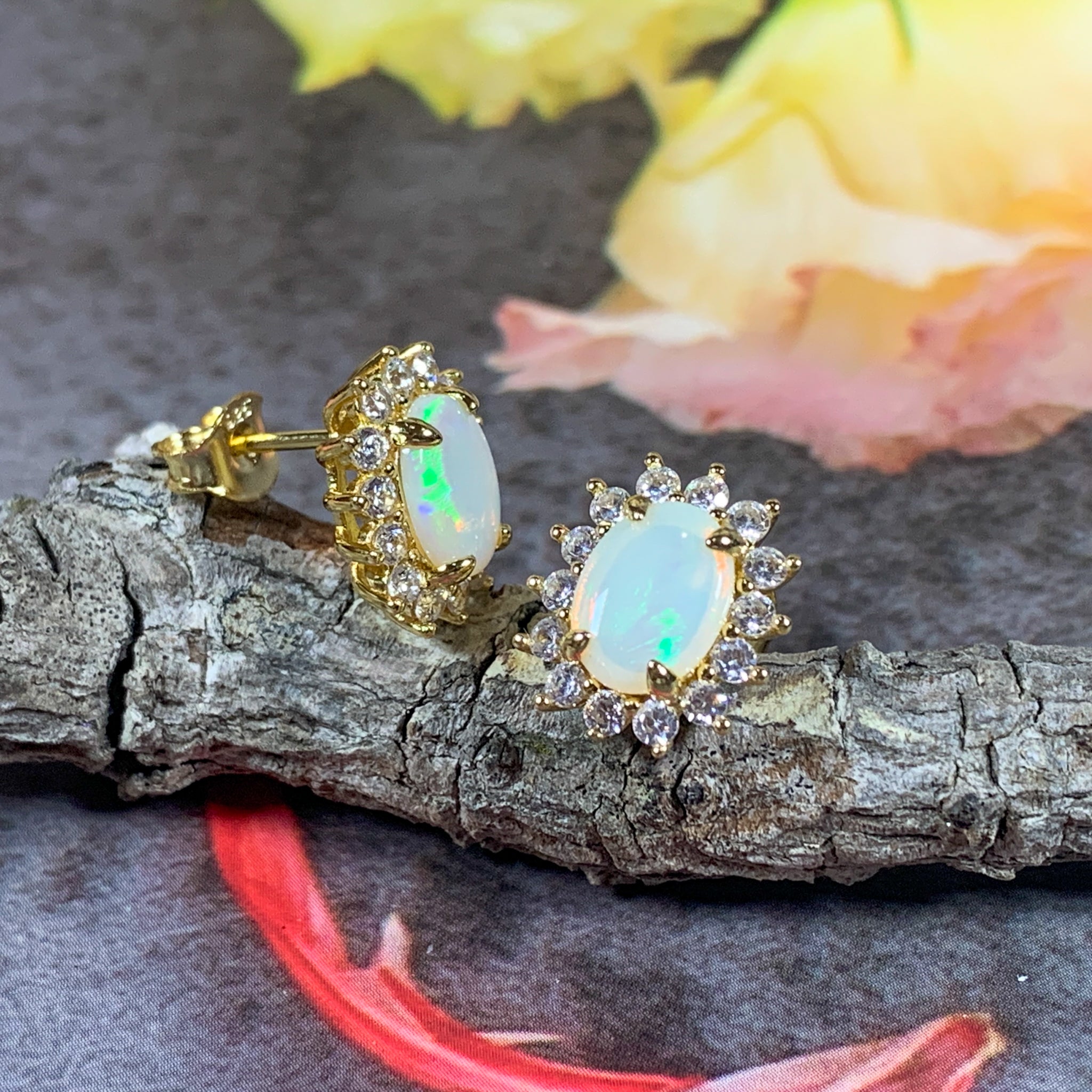 Sterling Silver Plated Gold Opal stud earrings set with White Opal 8x6mm - Masterpiece Jewellery Opal & Gems Sydney Australia | Online Shop