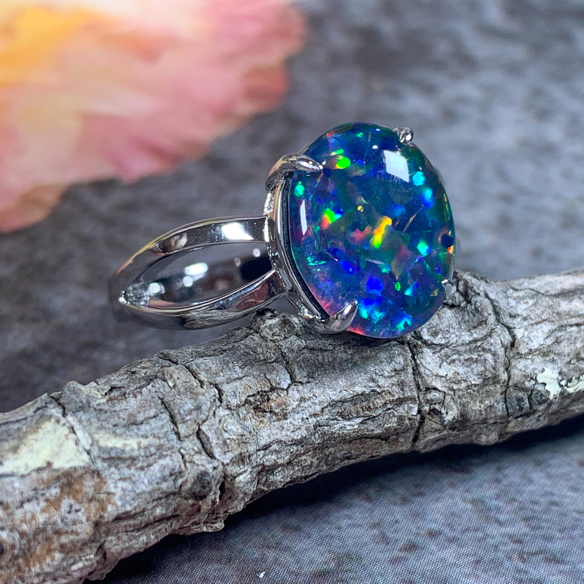 Sterling Silver 12x10mm Opal triplet ring open shoulder shank - Masterpiece Jewellery Opal & Gems Sydney Australia | Online Shop