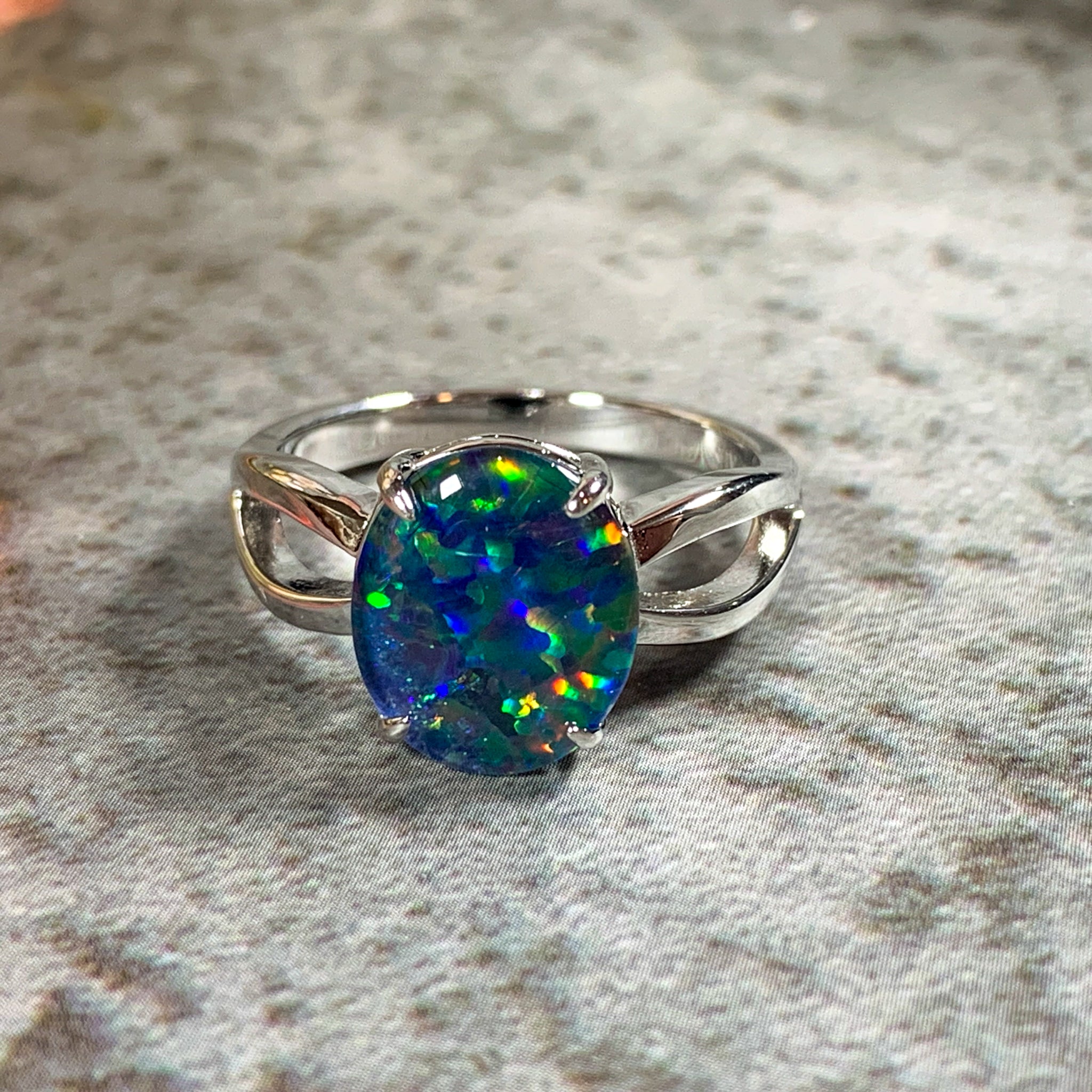 Sterling Silver 12x10mm Opal triplet ring open shoulder shank - Masterpiece Jewellery Opal & Gems Sydney Australia | Online Shop