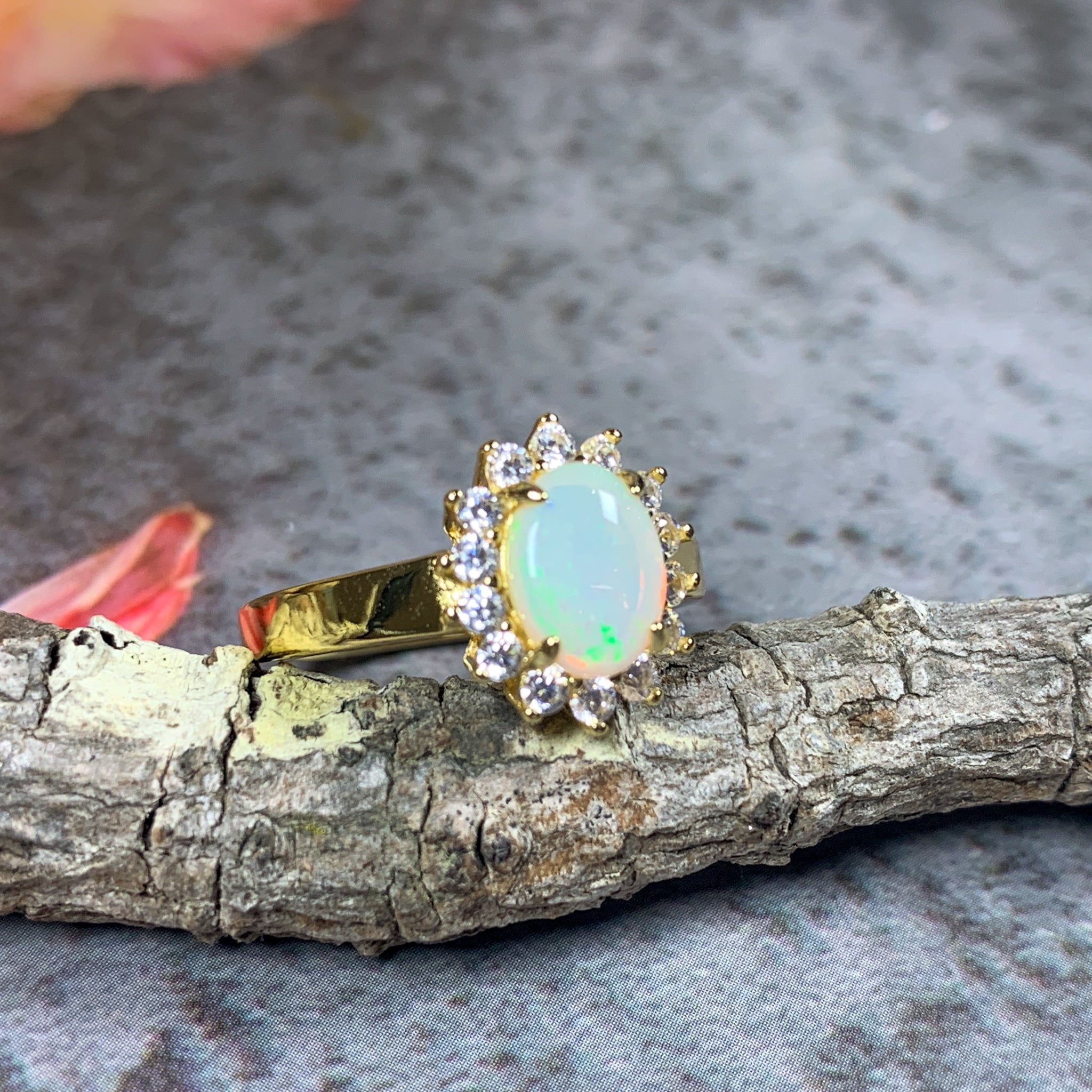 Yellow Gold plated Silver cluster ring 8x6mm White Opal - Masterpiece Jewellery Opal & Gems Sydney Australia | Online Shop