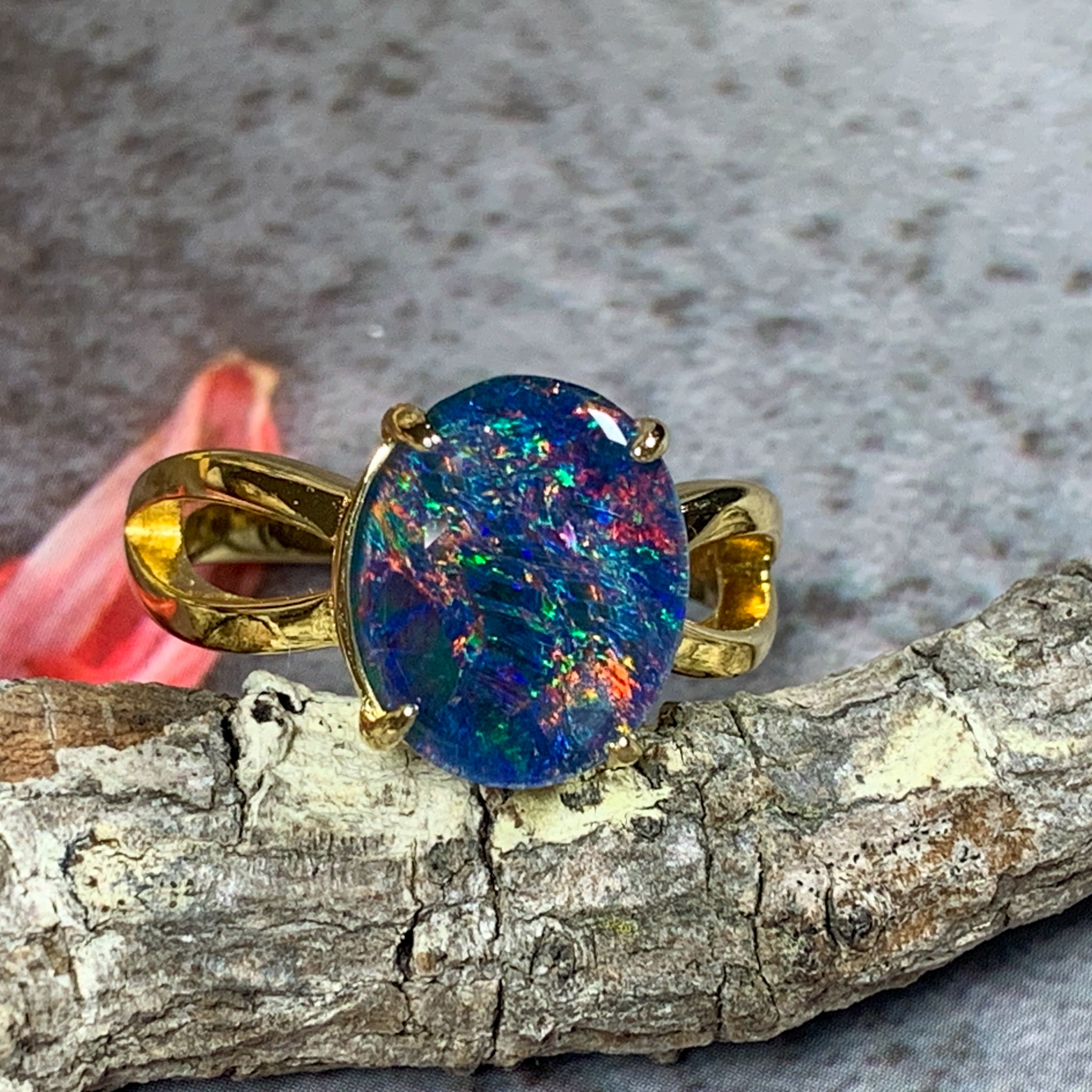 Gold Plated 12x10mm Opal triplet split shank ring - Masterpiece Jewellery Opal & Gems Sydney Australia | Online Shop