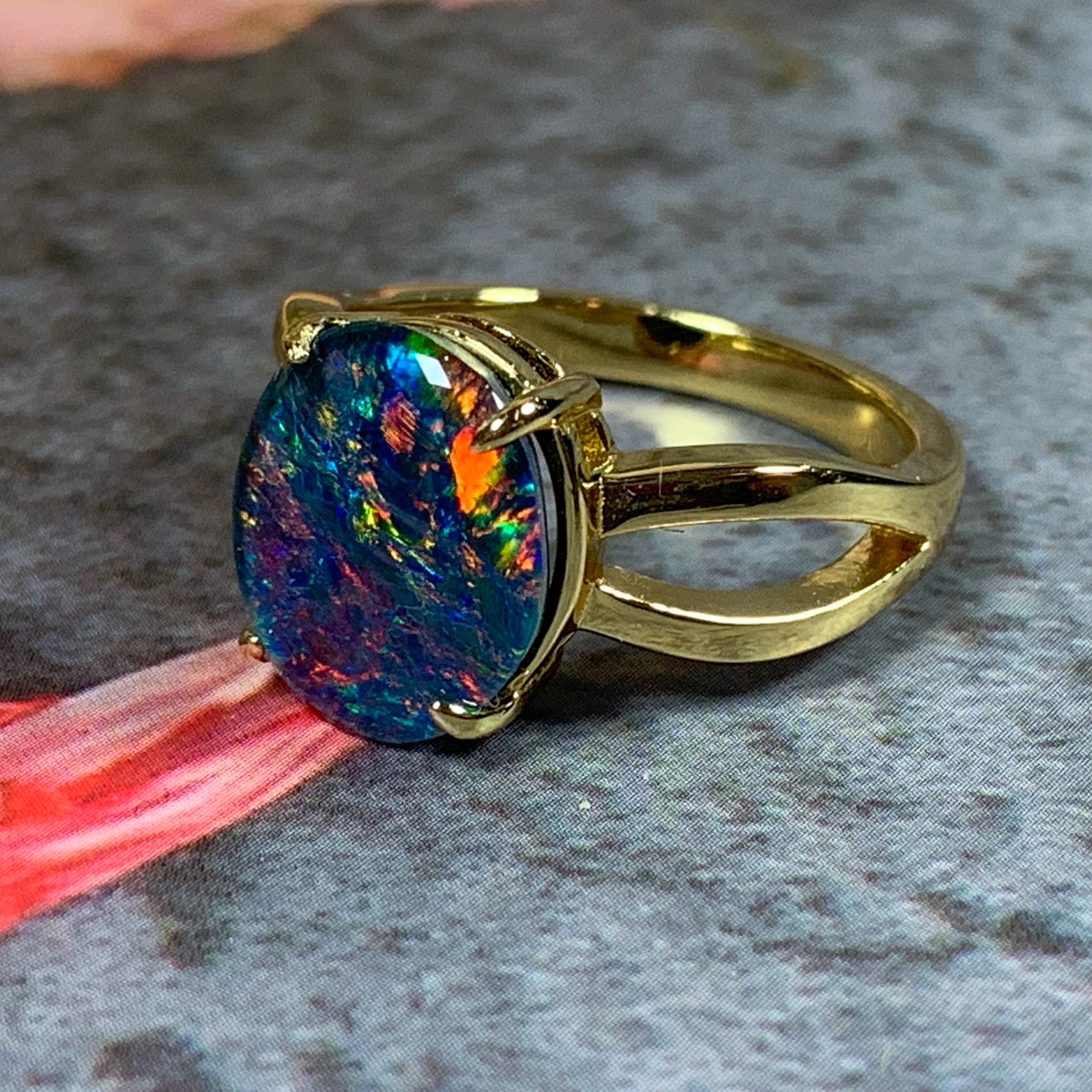 Gold Plated 12x10mm Opal triplet split shank ring - Masterpiece Jewellery Opal & Gems Sydney Australia | Online Shop