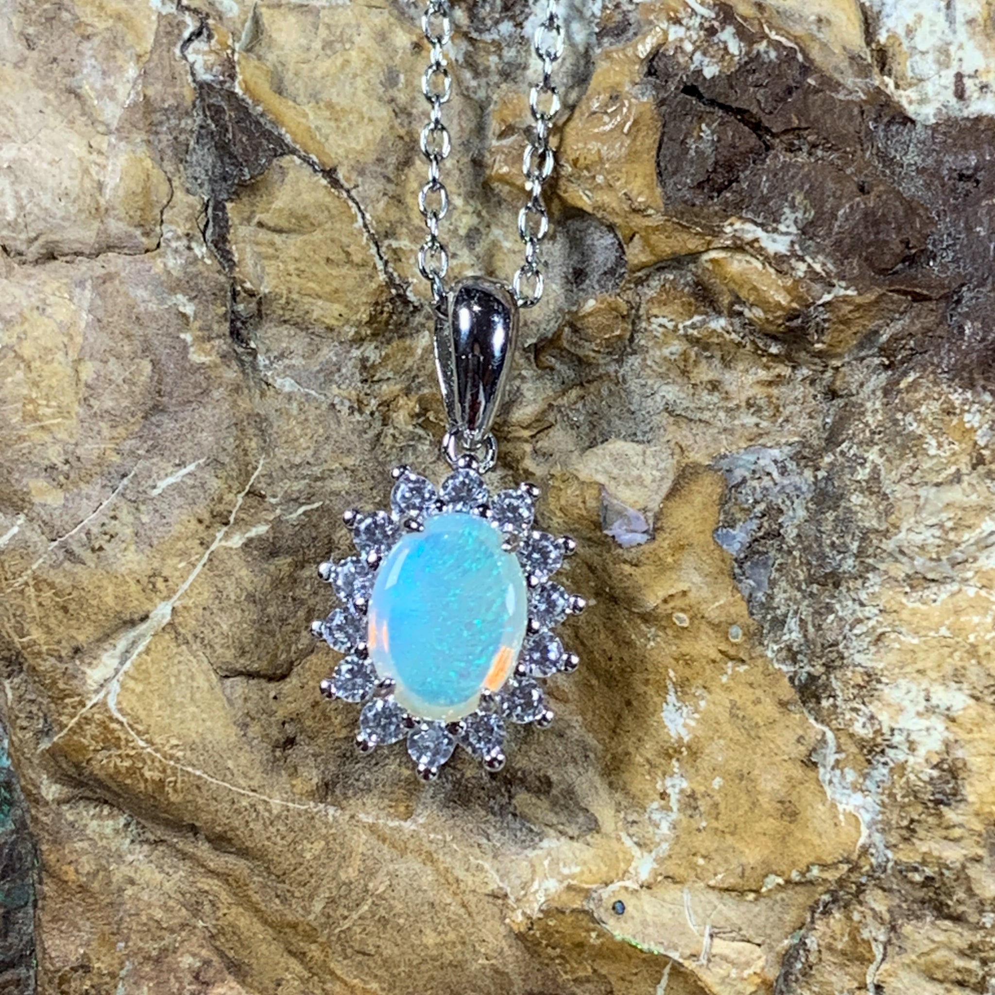 Sterling Silver White Opal pendant Necklace in cluster setting with opal 7x5mm - Masterpiece Jewellery Opal & Gems Sydney Australia | Online Shop