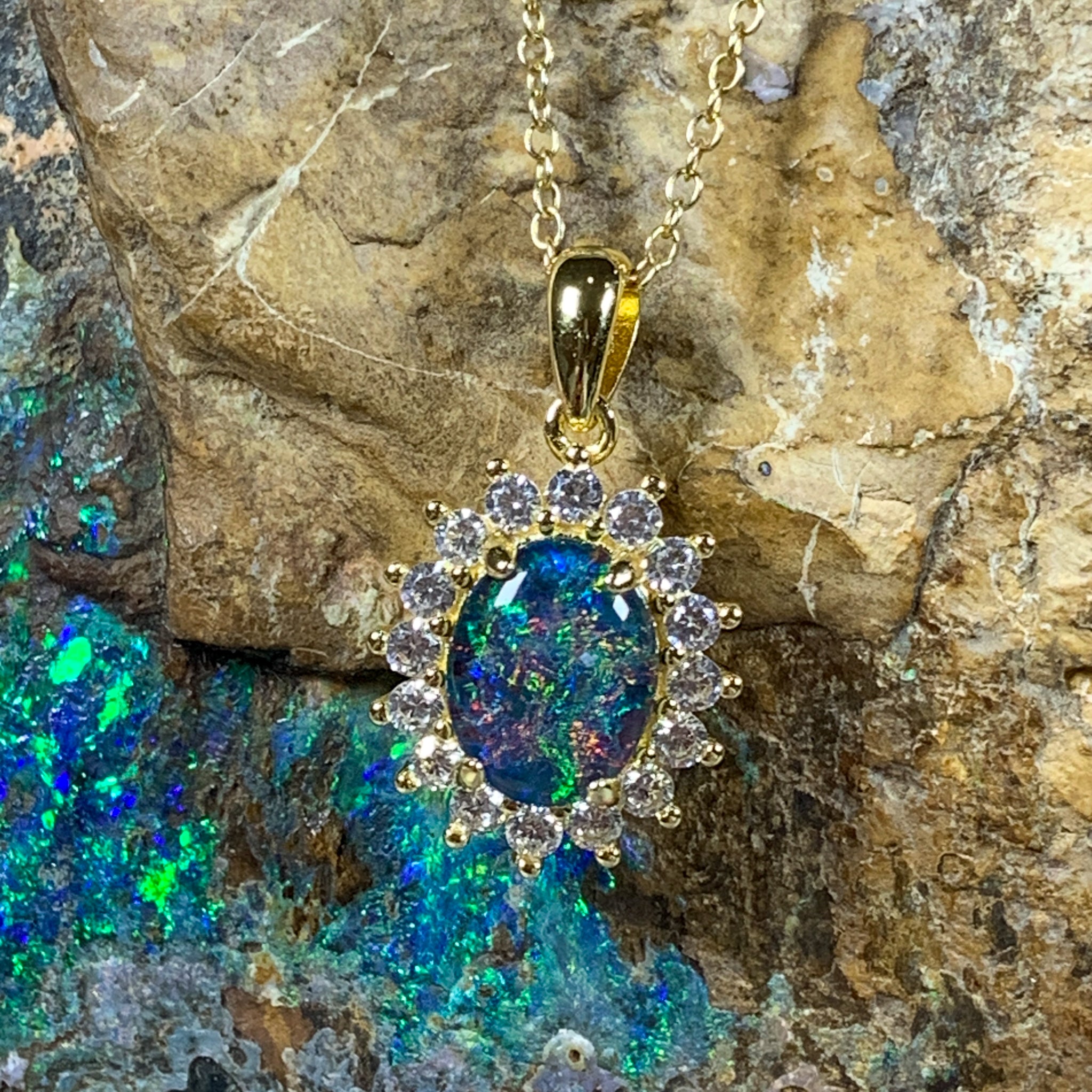 Gold plated Silver cluster 9x7mm Opal triplet pendant - Masterpiece Jewellery Opal & Gems Sydney Australia | Online Shop