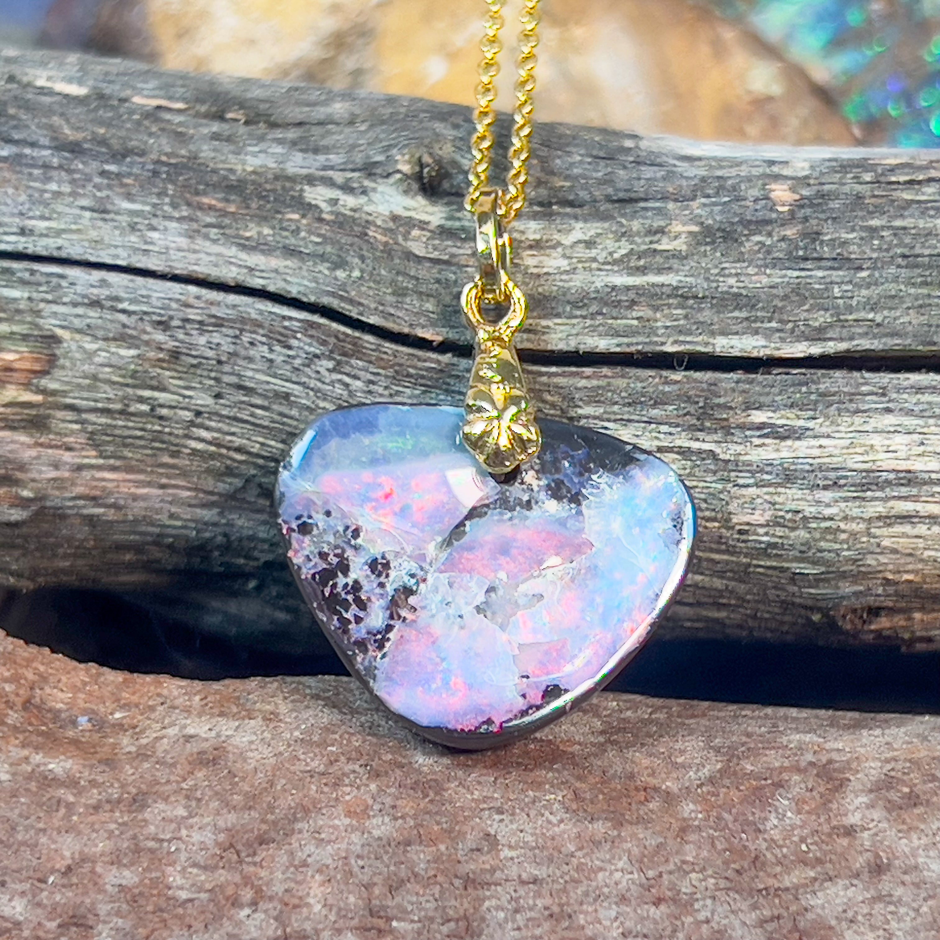 Sterling Silver Gold plated Boulder Opal Pink colour pendant - Masterpiece Jewellery Opal & Gems Sydney Australia | Online Shop