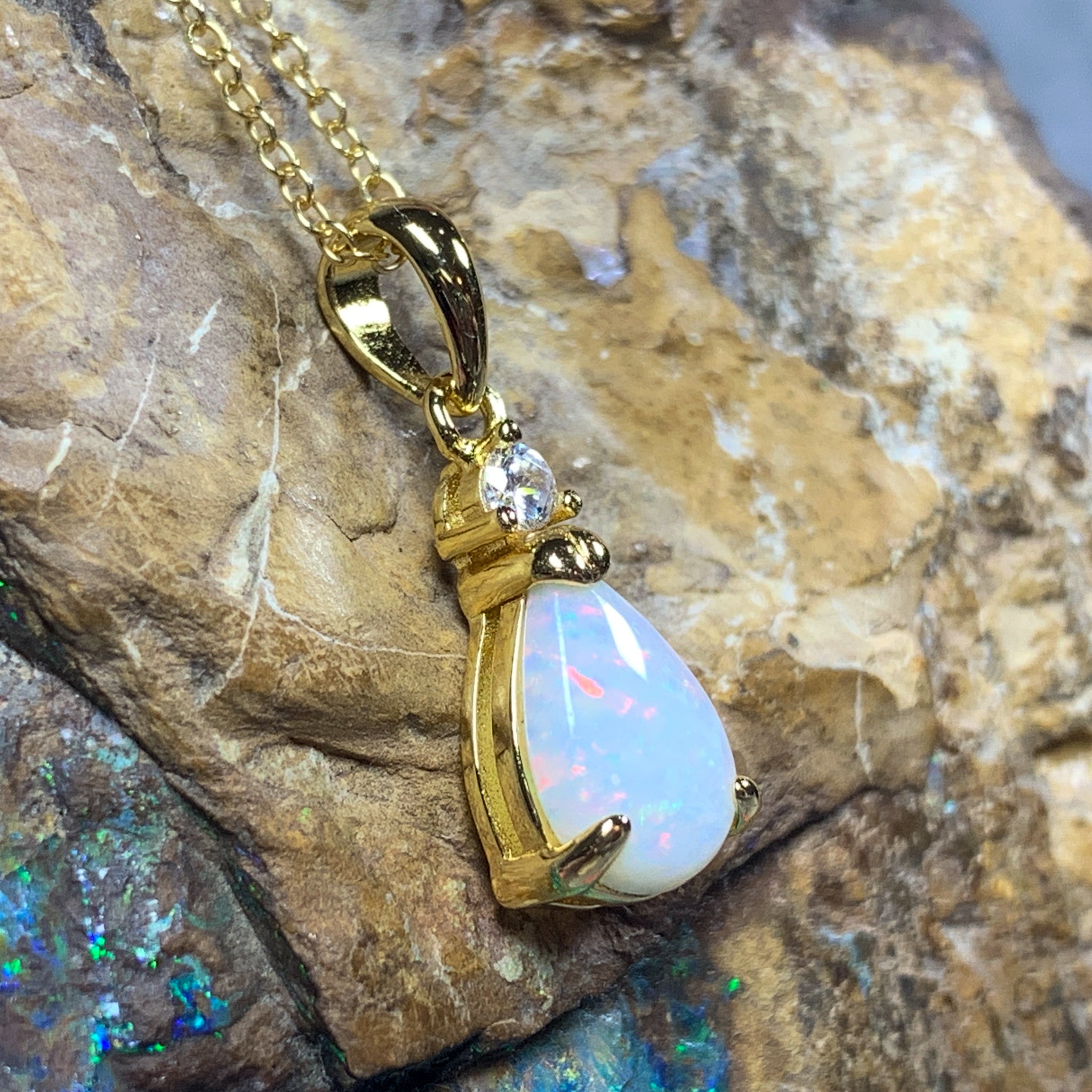 Gold Plated Sterling Silver 10x7mm Pear shape White Opal pendant - Masterpiece Jewellery Opal & Gems Sydney Australia | Online Shop