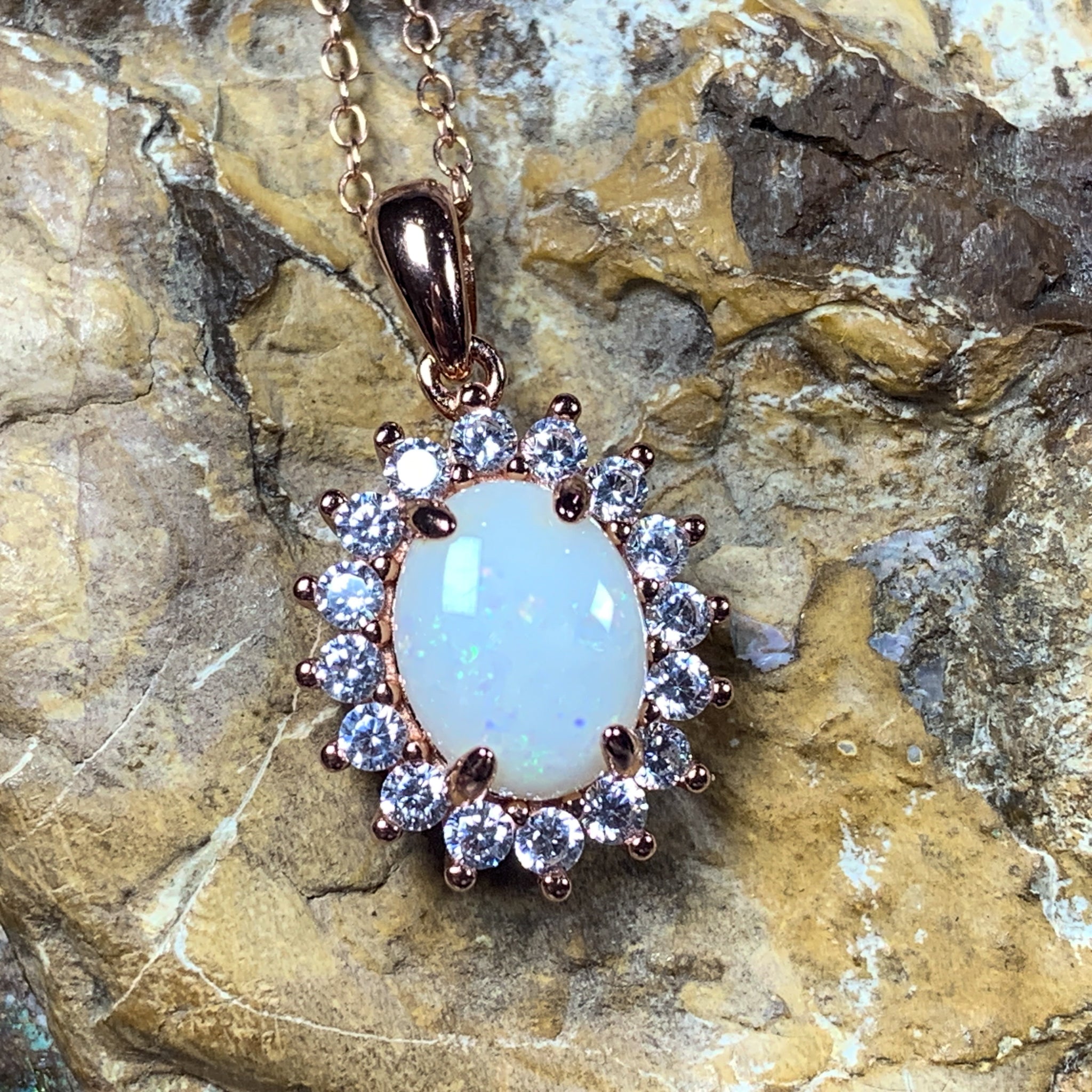 Rose Gold plated silver cluster 9x7mm White Opal pendant - Masterpiece Jewellery Opal & Gems Sydney Australia | Online Shop