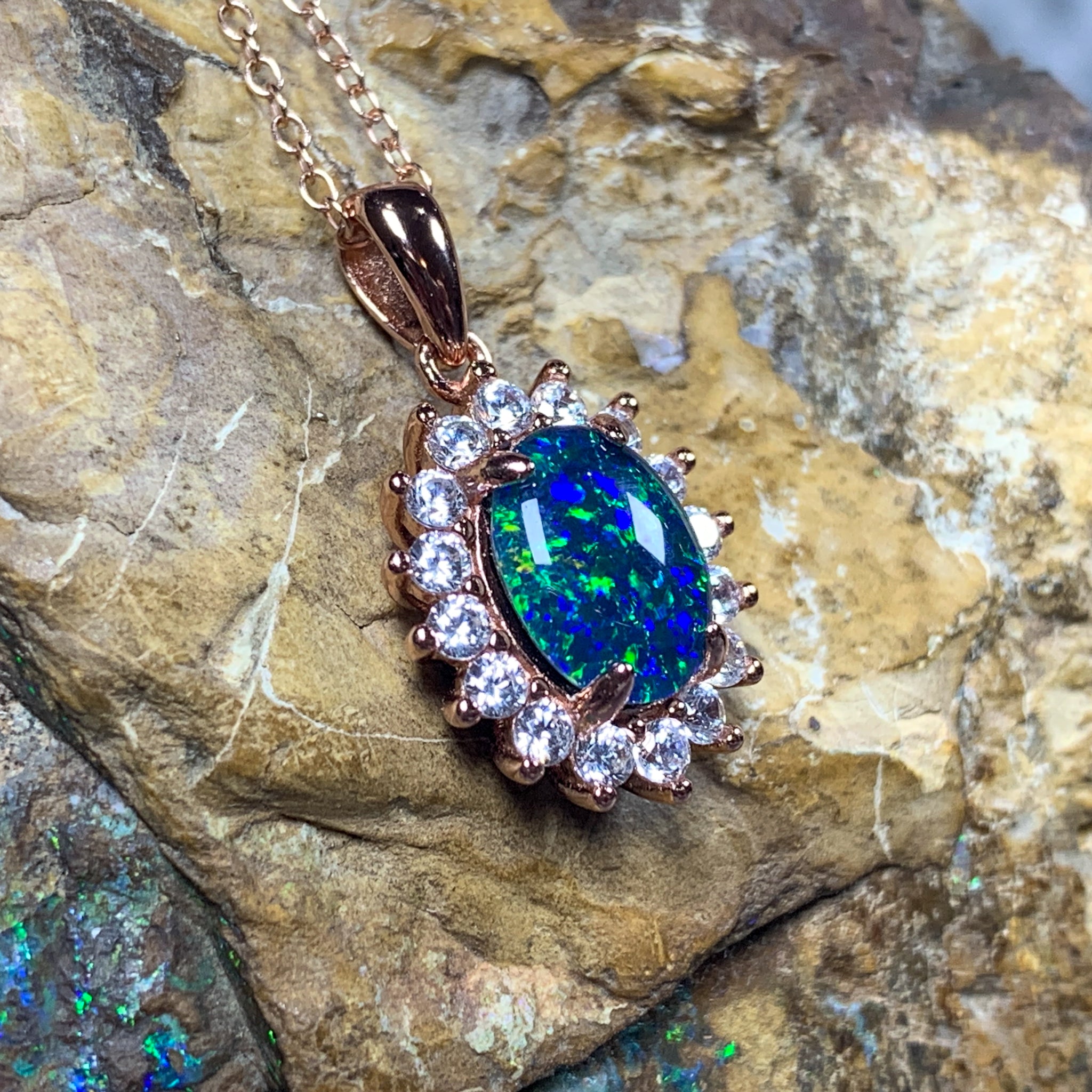 Rose Gold Plated Silver cluster 9x7mm Opal triplet pendant - Masterpiece Jewellery Opal & Gems Sydney Australia | Online Shop