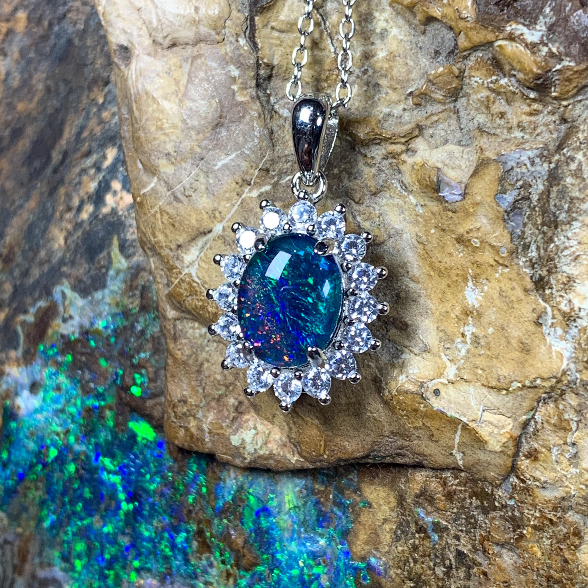 Sterling Silver 9x7mm Opal triplet cluster pendant - Masterpiece Jewellery Opal & Gems Sydney Australia | Online Shop
