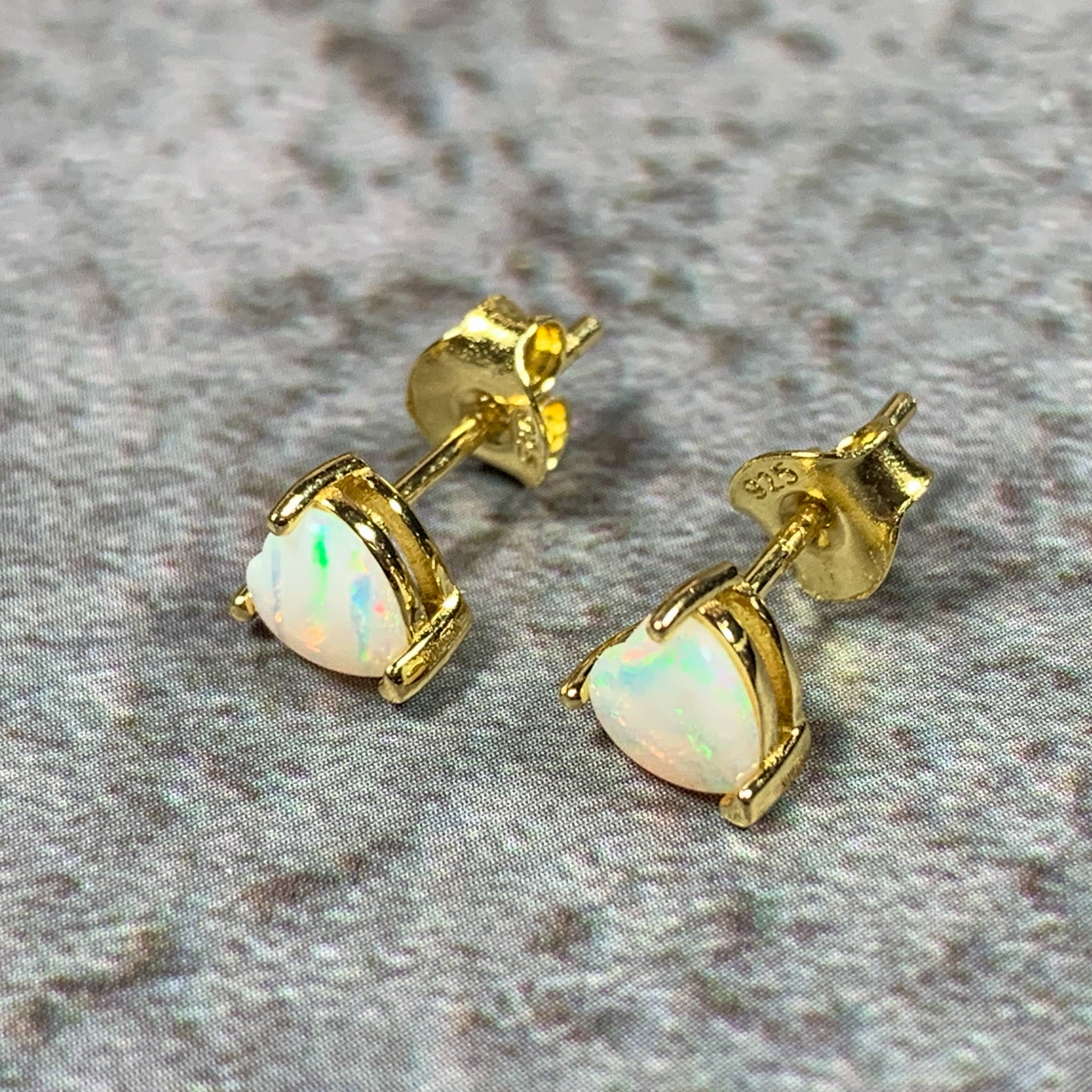 Gold plated silver 5mm heart shape White Opal studs - Masterpiece Jewellery Opal & Gems Sydney Australia | Online Shop