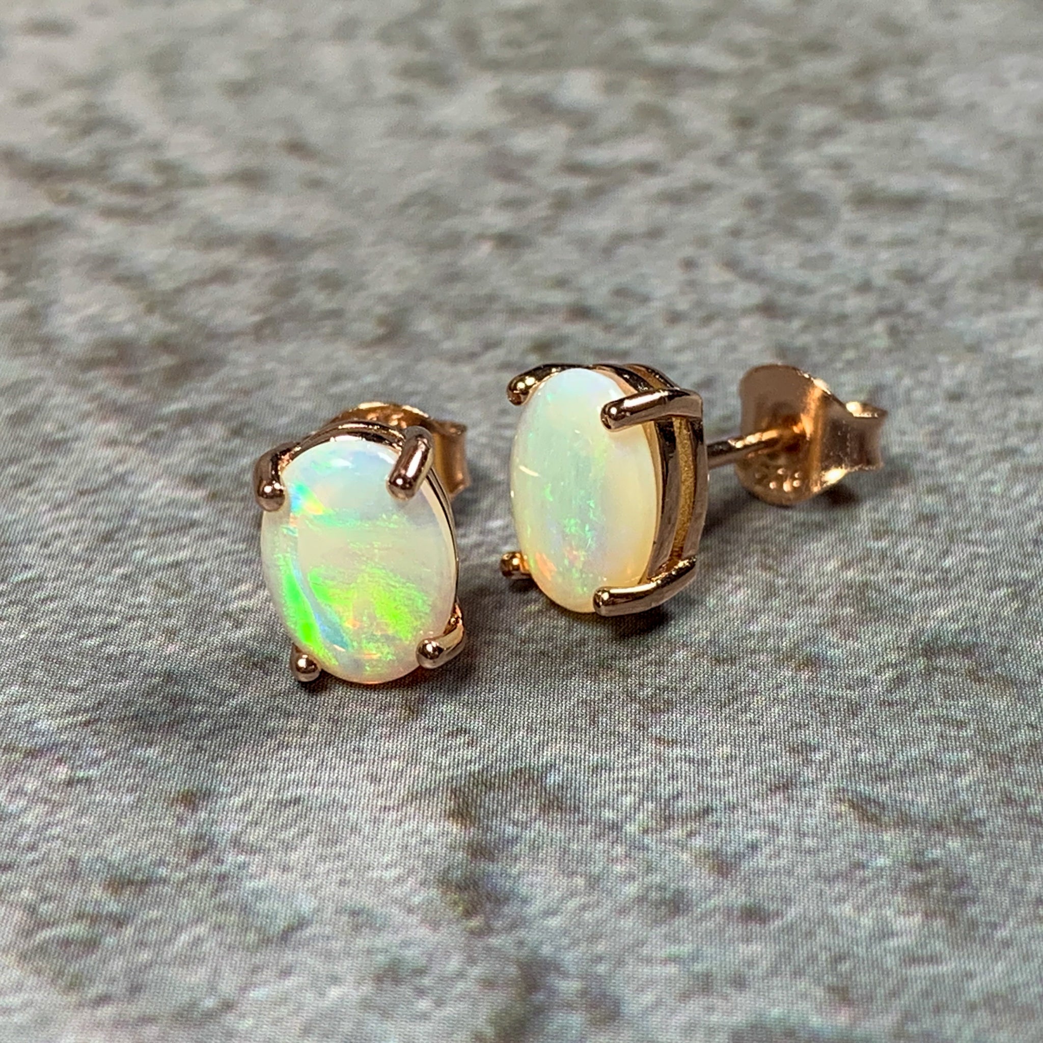 Pair of Rose Gold plated silver 8x6mm White Opal studs - Masterpiece Jewellery Opal & Gems Sydney Australia | Online Shop