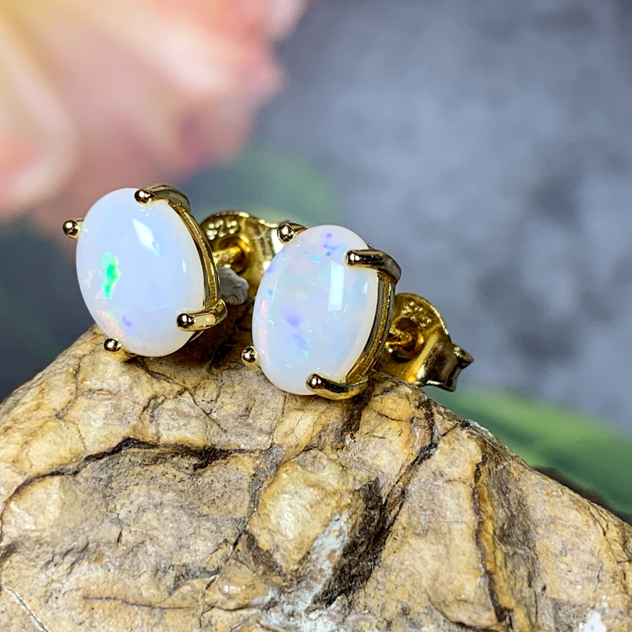Gold Plated Silver 8x6mm White Opal Earring studs - Masterpiece Jewellery Opal & Gems Sydney Australia | Online Shop