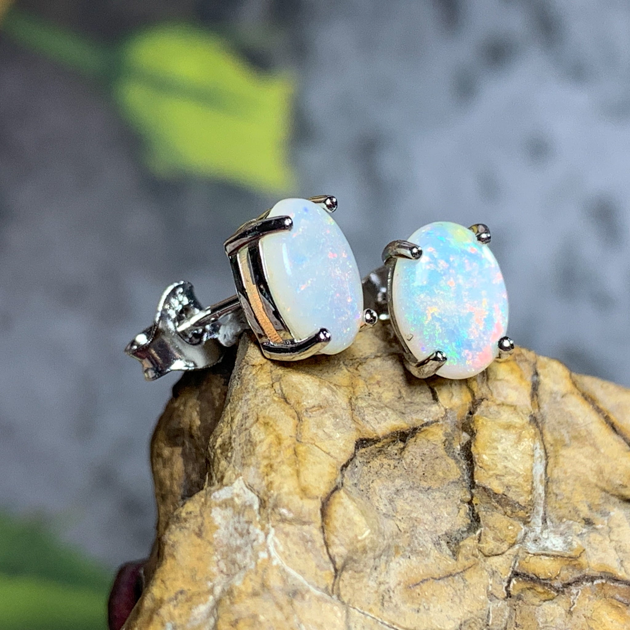 Sterling Silver 8x6mm White Opal studs - Masterpiece Jewellery Opal & Gems Sydney Australia | Online Shop