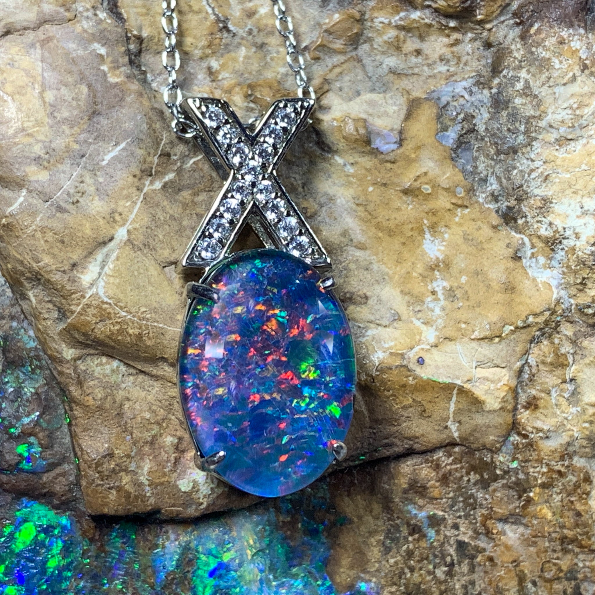Sterling Silver Opal necklace Triplet 14x10mm cross loop - Masterpiece Jewellery Opal & Gems Sydney Australia | Online Shop