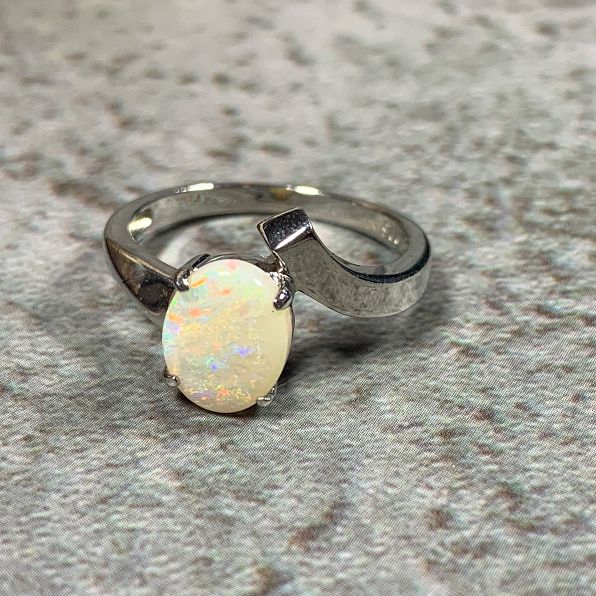 Sterling Silver White Opal split shank slanted ring with  Opal 9x7mm - Masterpiece Jewellery Opal & Gems Sydney Australia | Online Shop