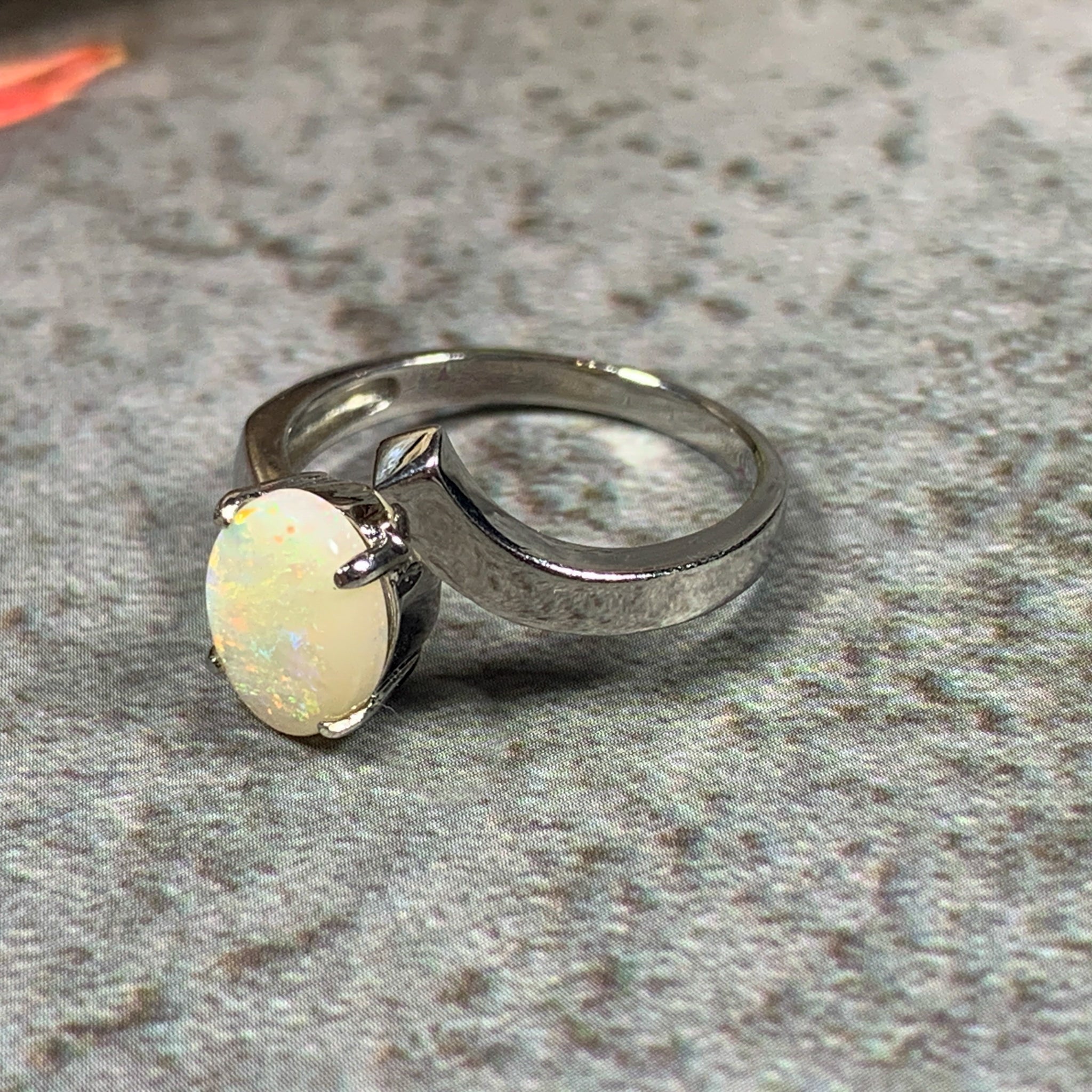 Sterling Silver White Opal split shank slanted ring with  Opal 9x7mm - Masterpiece Jewellery Opal & Gems Sydney Australia | Online Shop
