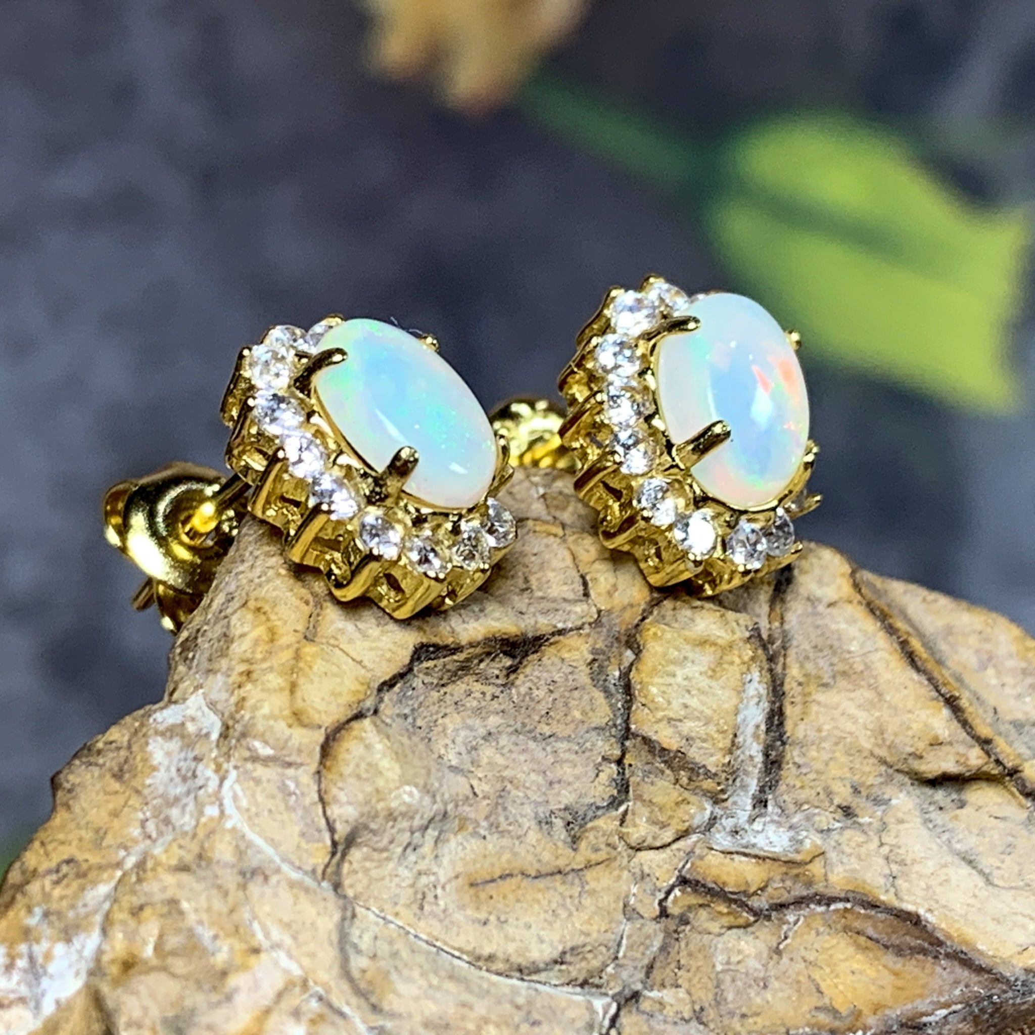 Gold Plated silver cluster 7x5mm White Opal earrings - Masterpiece Jewellery Opal & Gems Sydney Australia | Online Shop