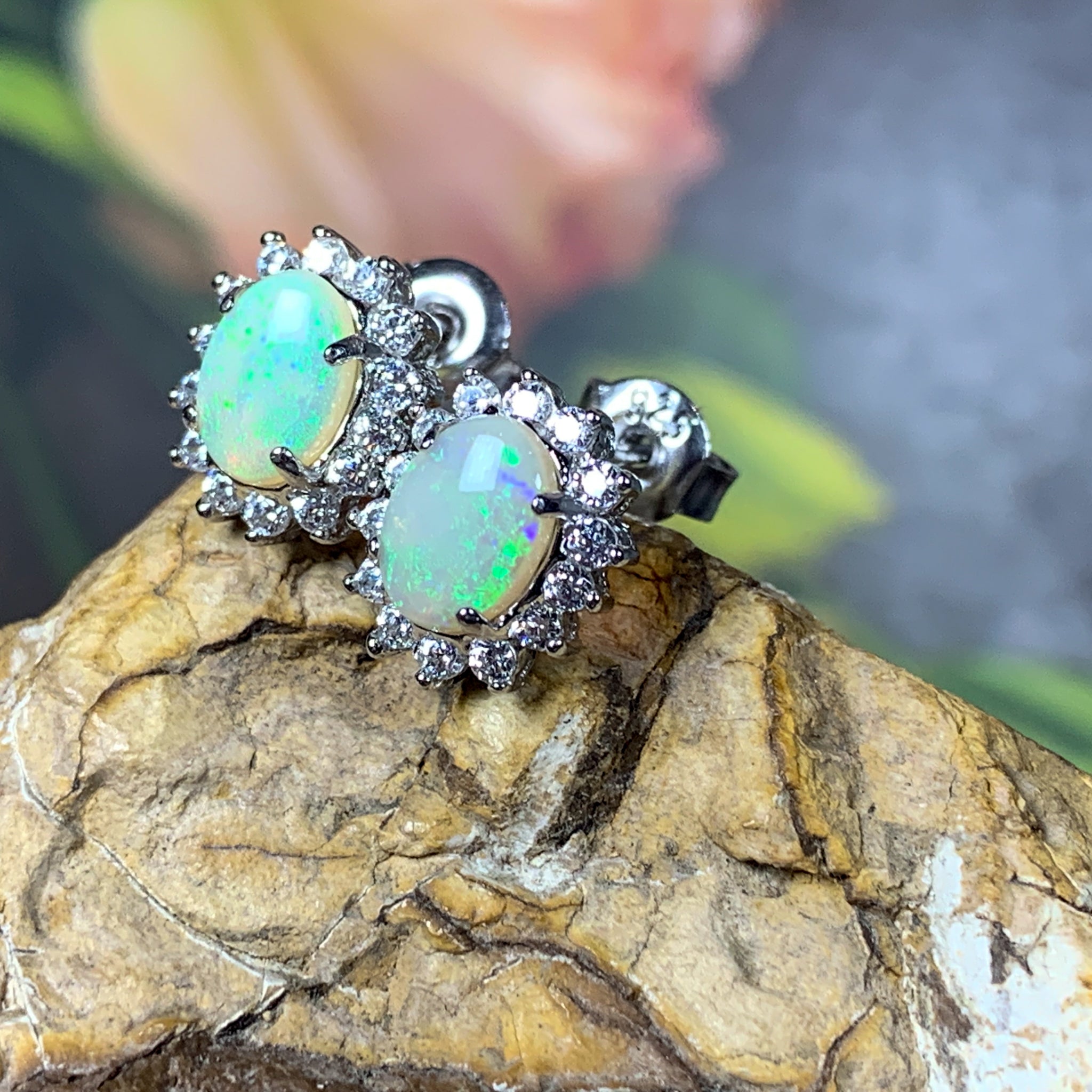 Sterling Silver 7x5mm White Opal cluster earrings - Masterpiece Jewellery Opal & Gems Sydney Australia | Online Shop