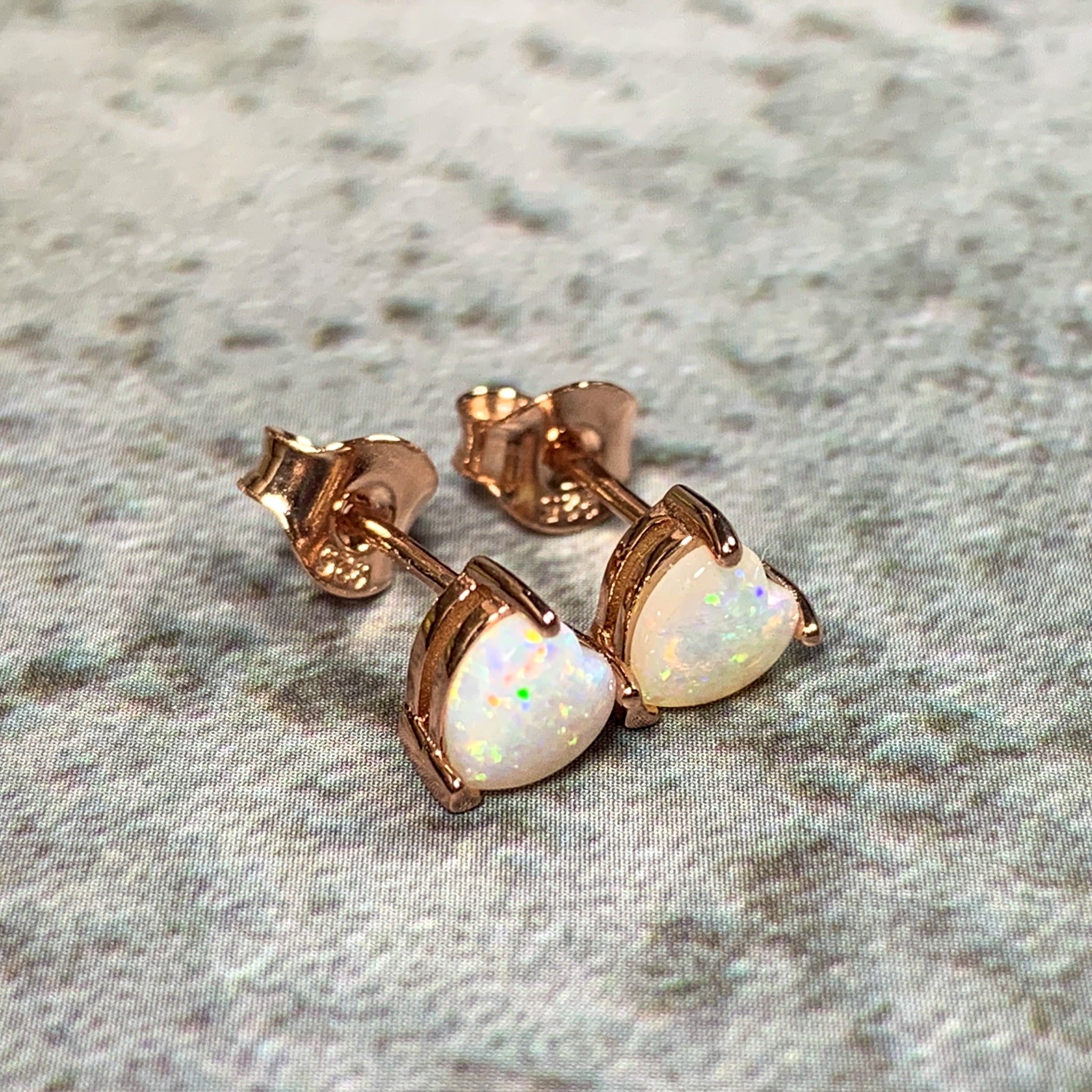 Rose Gold plated silver 5mm heart shape White Opal studs - Masterpiece Jewellery Opal & Gems Sydney Australia | Online Shop