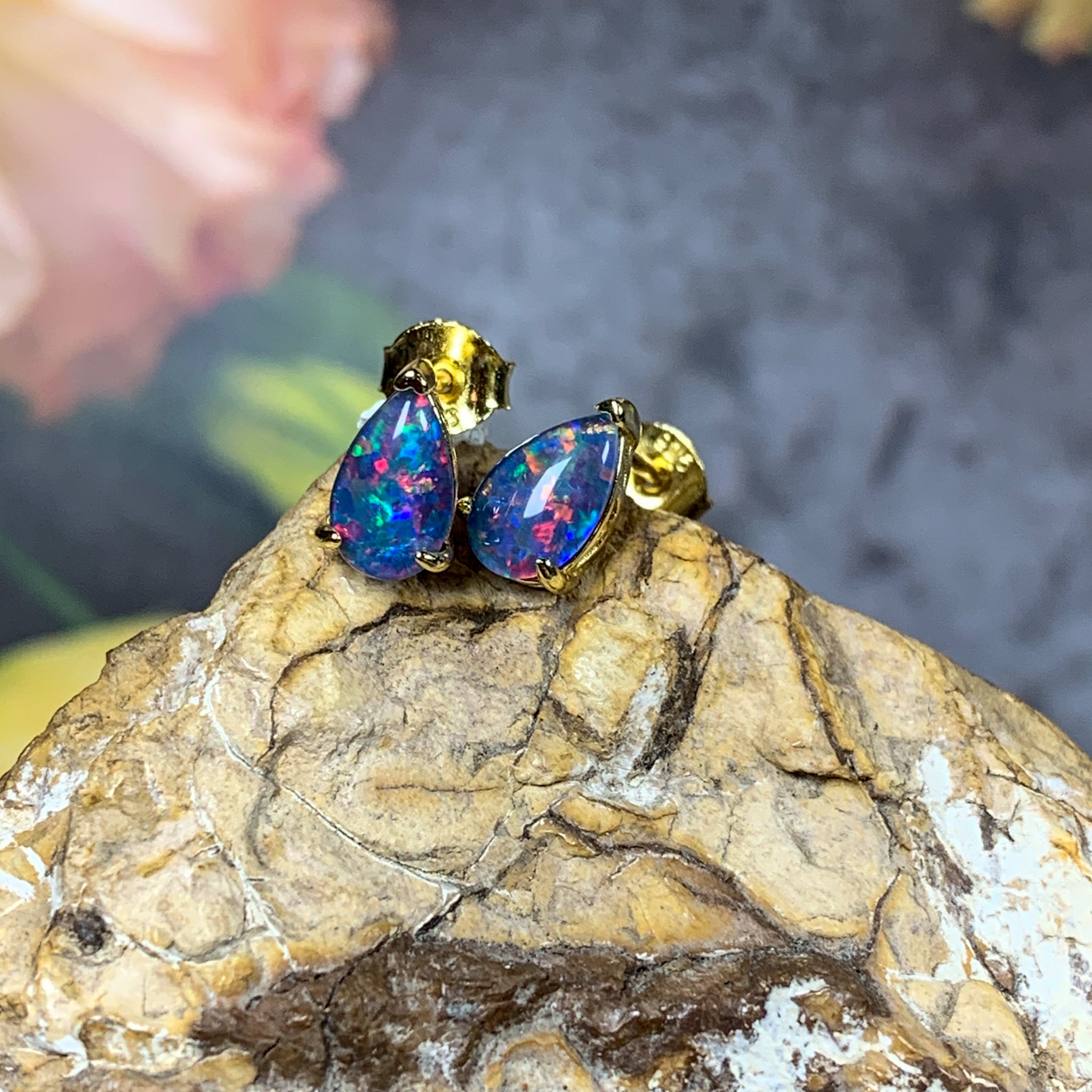 Gold plated 8x5mm pear shape Opal triplet studs - Masterpiece Jewellery Opal & Gems Sydney Australia | Online Shop
