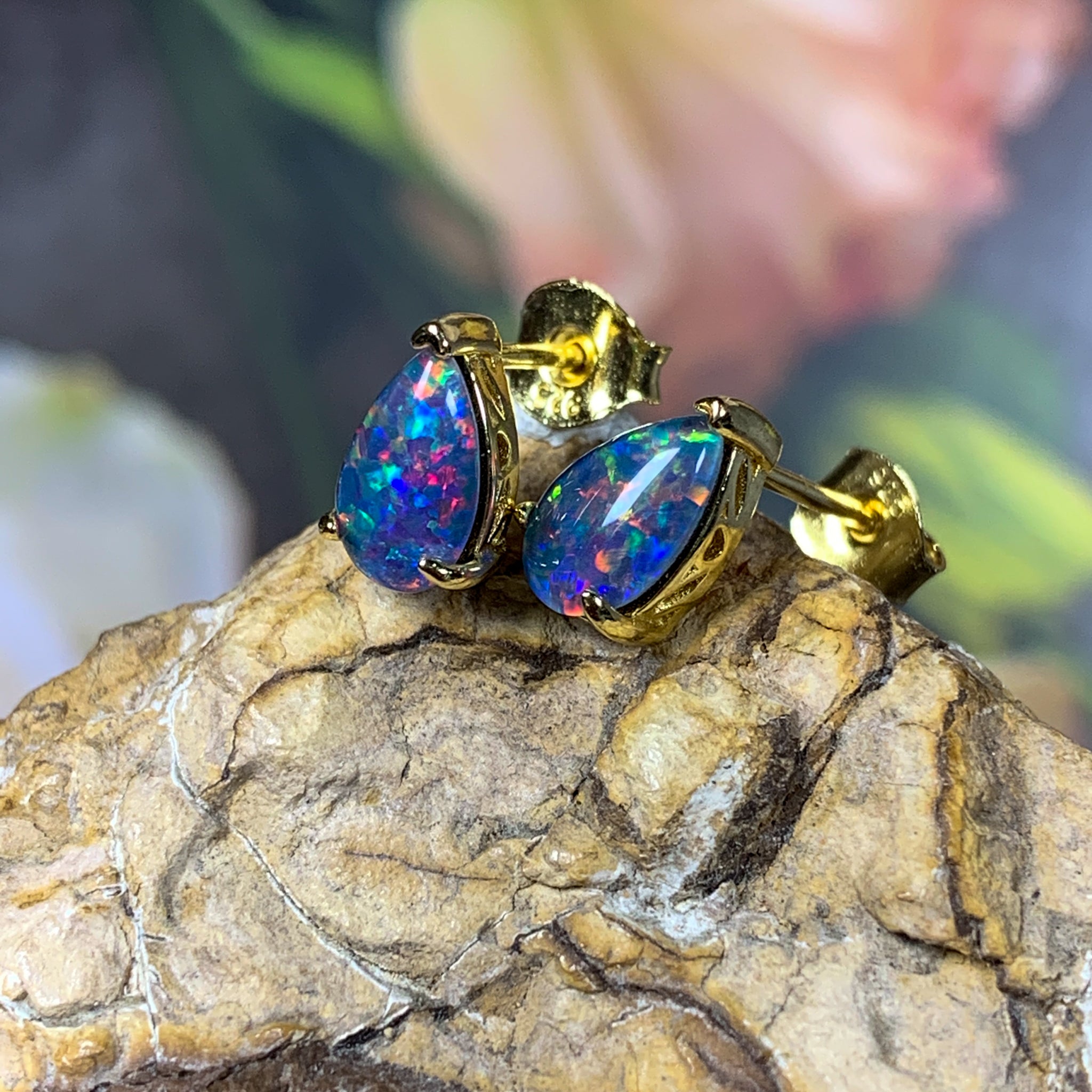 Gold plated 8x5mm pear shape Opal triplet studs - Masterpiece Jewellery Opal & Gems Sydney Australia | Online Shop